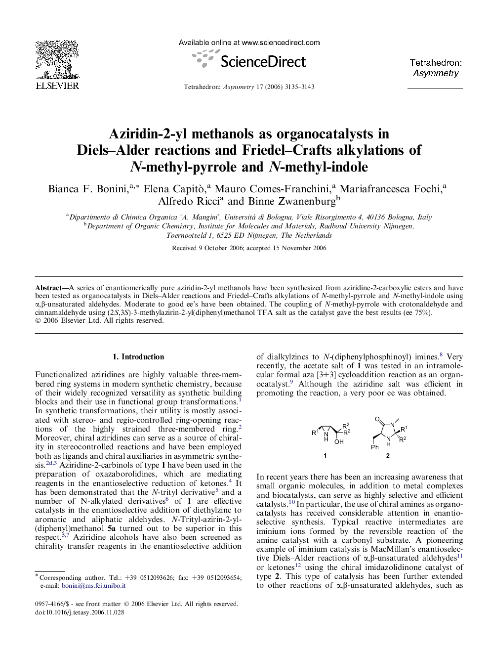 Aziridin-2-yl methanols as organocatalysts in Diels–Alder reactions and Friedel–Crafts alkylations of N-methyl-pyrrole and N-methyl-indole