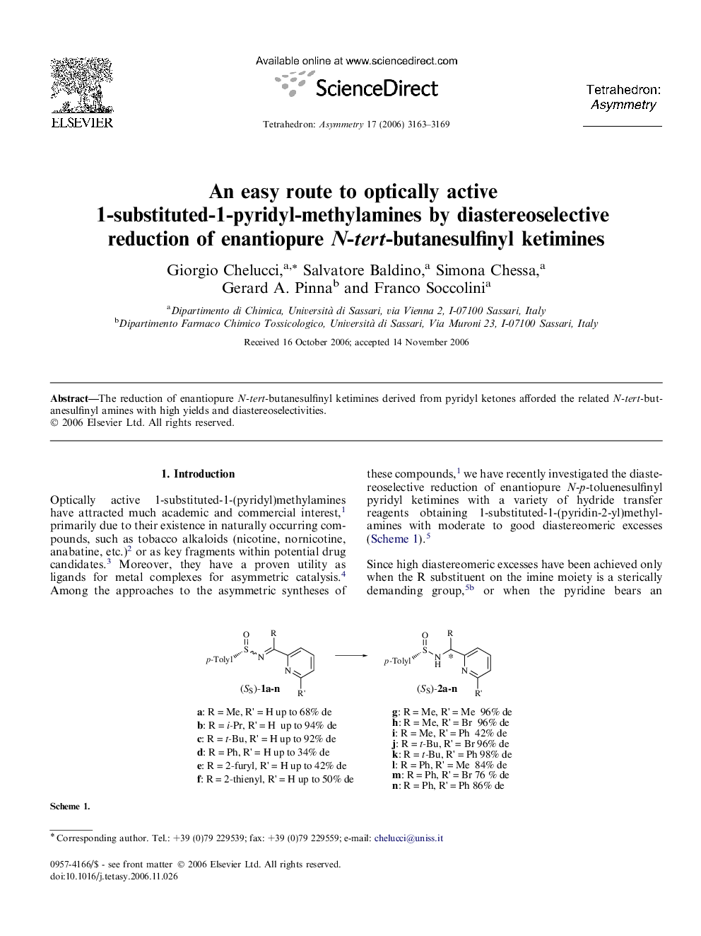 An easy route to optically active 1-substituted-1-pyridyl-methylamines by diastereoselective reduction of enantiopure N-tert-butanesulfinyl ketimines