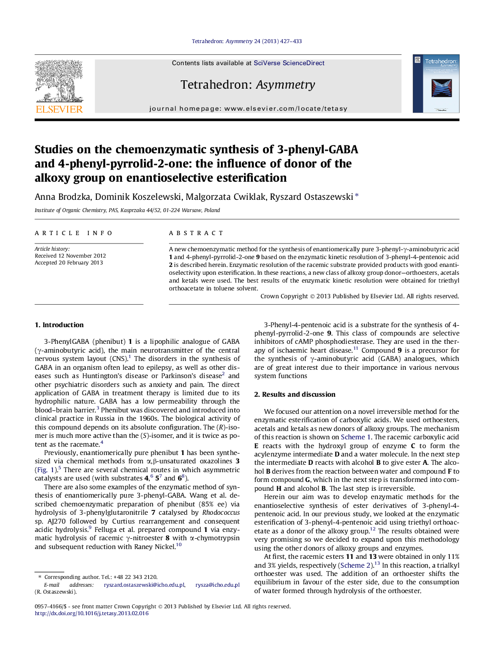 عکس صفحه اول مقاله: Studies on the chemoenzymatic synthesis of 3-phenyl-GABA and 4-phenyl-pyrrolid-2-one: the influence of donor of the alkoxy group on enantioselective esterification Studies on the chemoenzymatic synthesis of 3-phenyl-GABA and 4-phenyl-pyrrolid-2-one: the influence of donor of the alkoxy group on enantioselective esterification