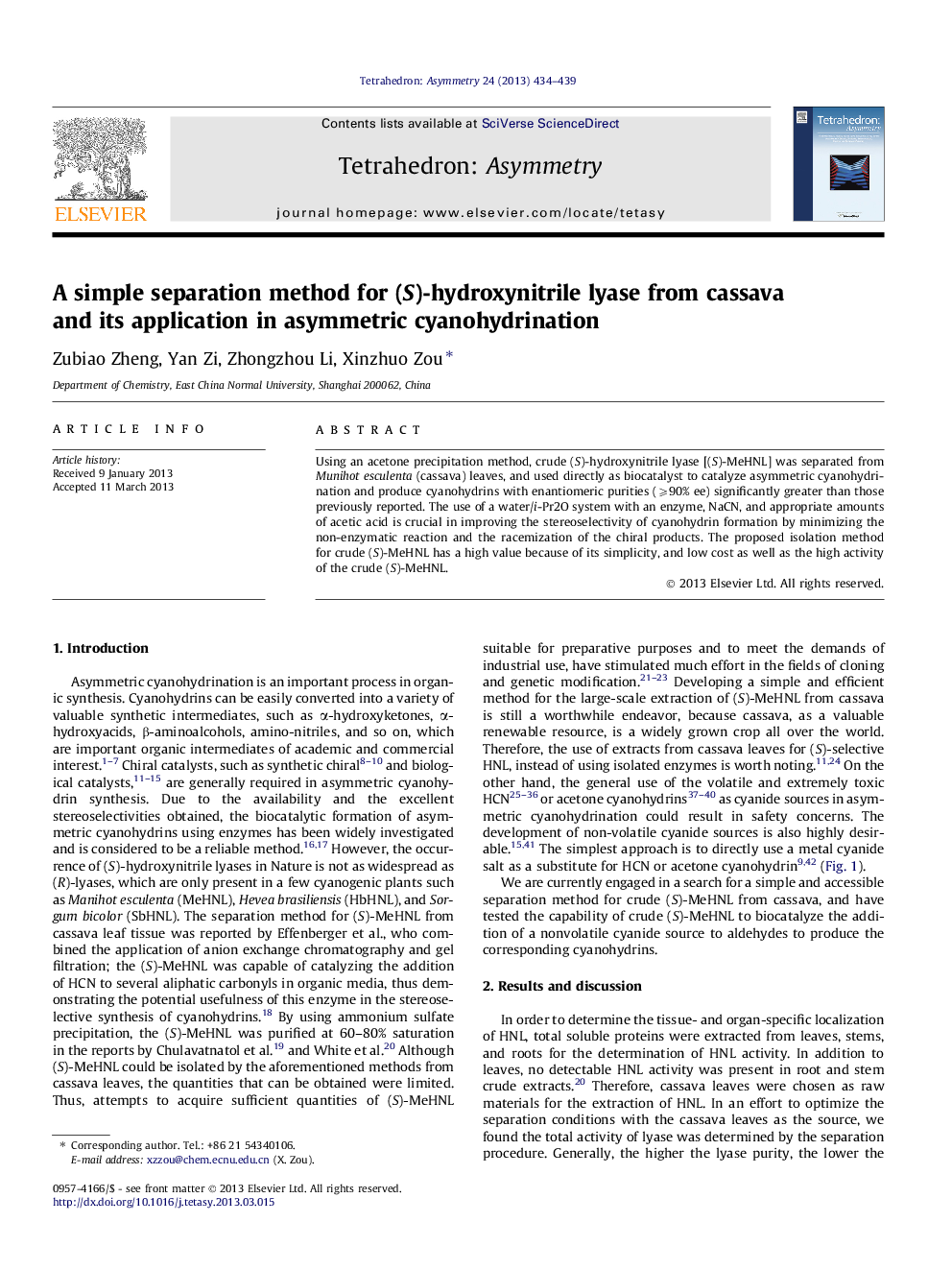 عکس صفحه اول مقاله: A simple separation method for (S)-hydroxynitrile lyase from cassava and its application in asymmetric cyanohydrination A simple separation method for (S)-hydroxynitrile lyase from cassava and its application in asymmetric cyanohydrination
