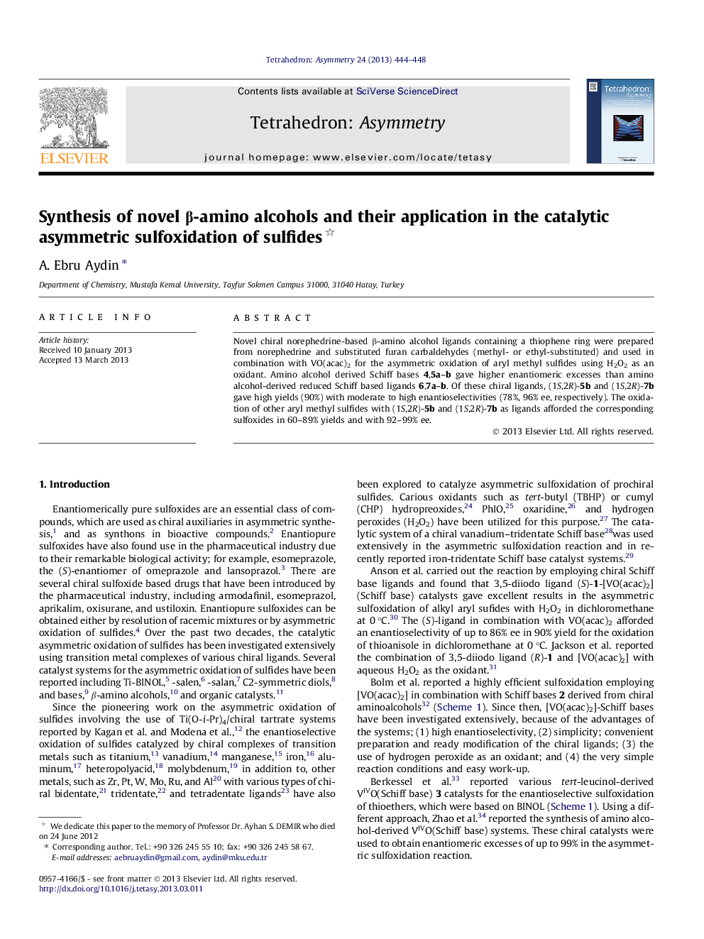 عکس صفحه اول مقاله: Synthesis of novel β-amino alcohols and their application in the catalytic asymmetric sulfoxidation of sulfides Synthesis of novel β-amino alcohols and their application in the catalytic asymmetric sulfoxidation of sulfides