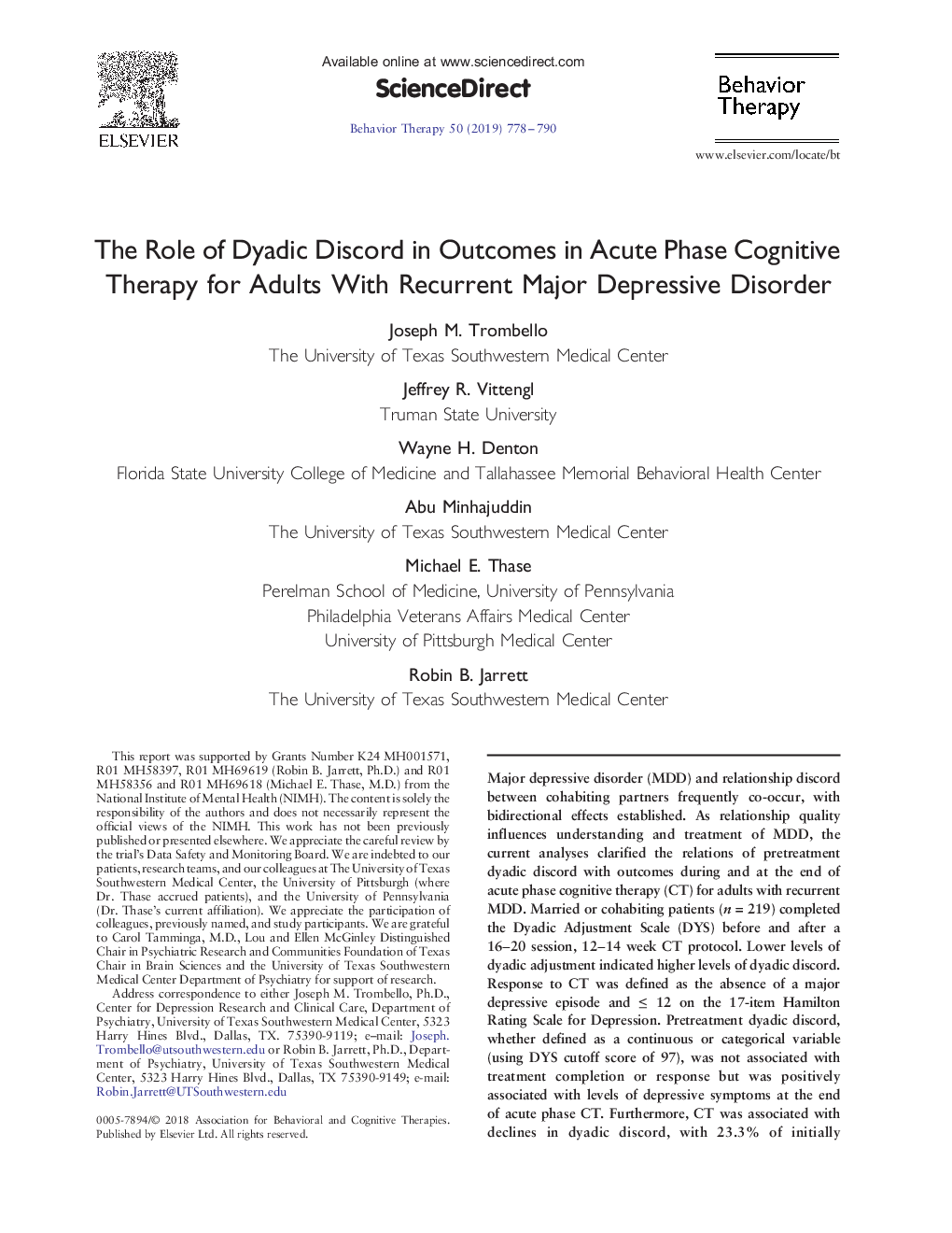 The Role of Dyadic Discord in Outcomes in Acute Phase Cognitive Therapy for Adults With Recurrent Major Depressive Disorder