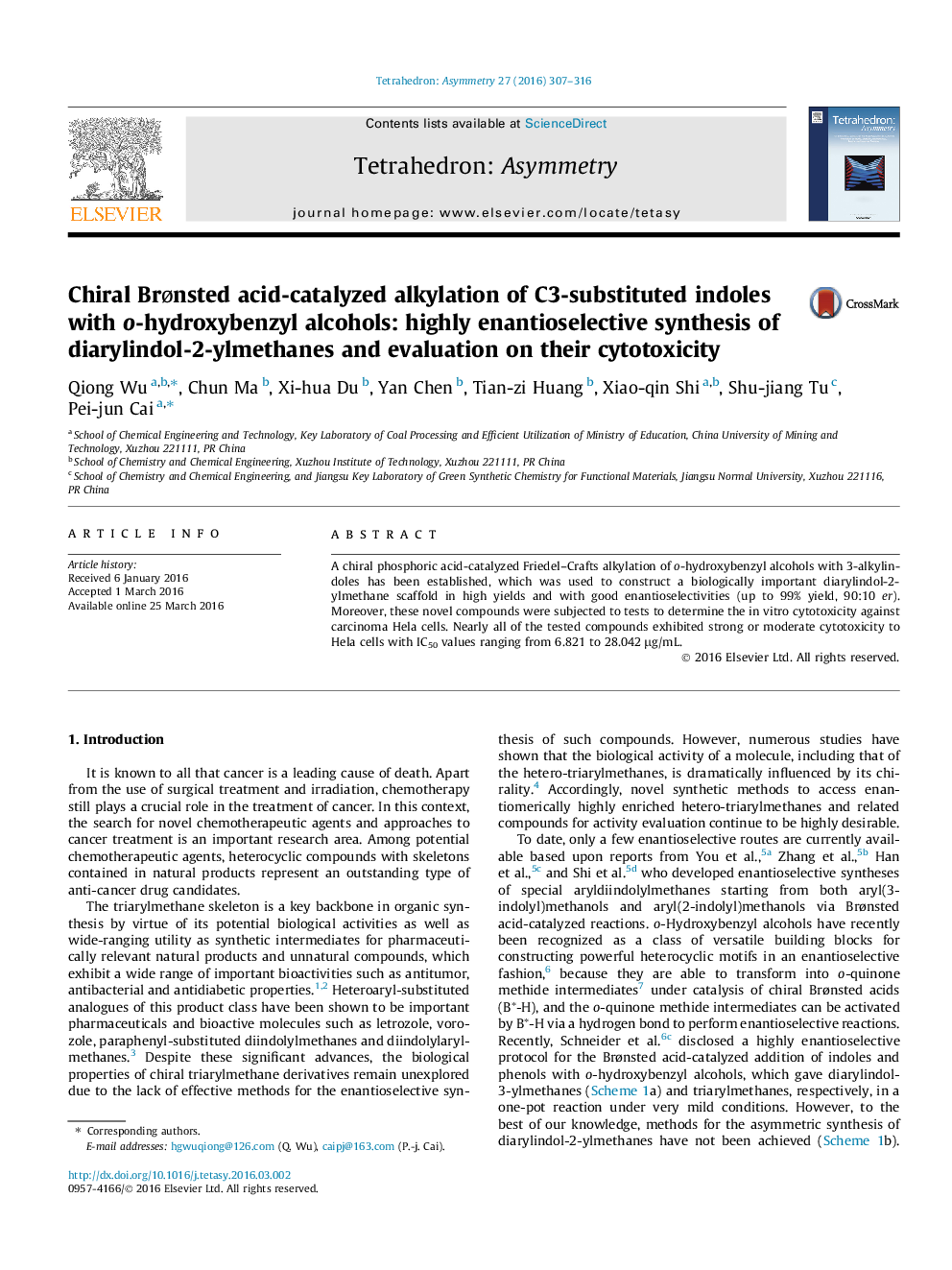 عکس صفحه اول مقاله: Chiral Brønsted acid-catalyzed alkylation of C3-substituted indoles with o-hydroxybenzyl alcohols: highly enantioselective synthesis of diarylindol-2-ylmethanes and evaluation on their cytotoxicity Chiral Brønsted acid-catalyzed alkylation of C3-substituted indoles with o-hydroxybenzyl alcohols: highly enantioselective synthesis of diarylindol-2-ylmethanes and evaluation on their cytotoxicity