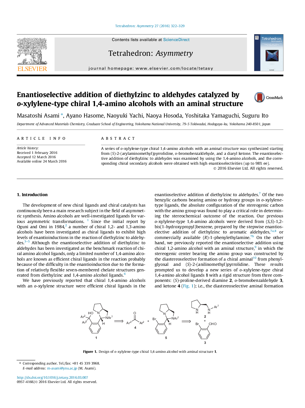 Enantioselective addition of diethylzinc to aldehydes catalyzed by o-xylylene-type chiral 1,4-amino alcohols with an aminal structure