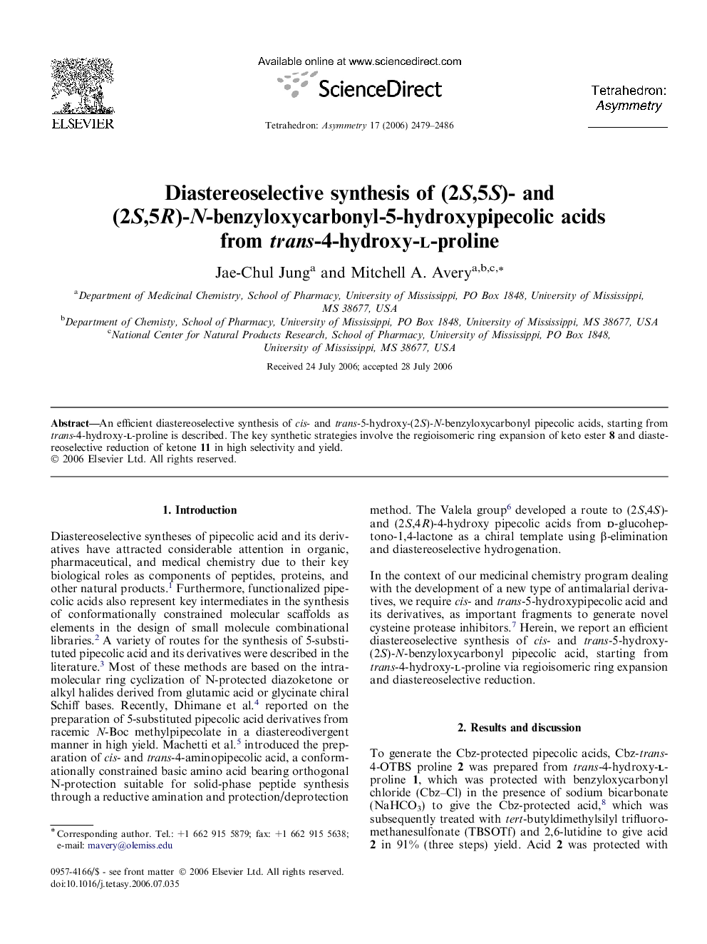 Diastereoselective synthesis of (2S,5S)- and (2S,5R)-N-benzyloxycarbonyl-5-hydroxypipecolic acids from trans-4-hydroxy-l-proline