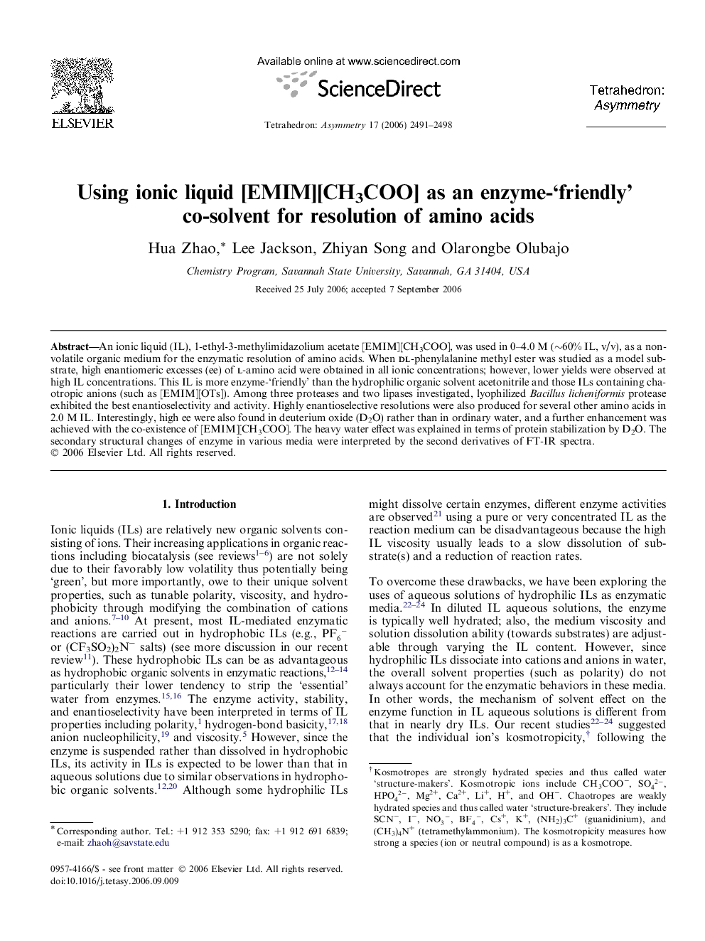 Using ionic liquid [EMIM][CH3COO] as an enzyme-‘friendly’ co-solvent for resolution of amino acids