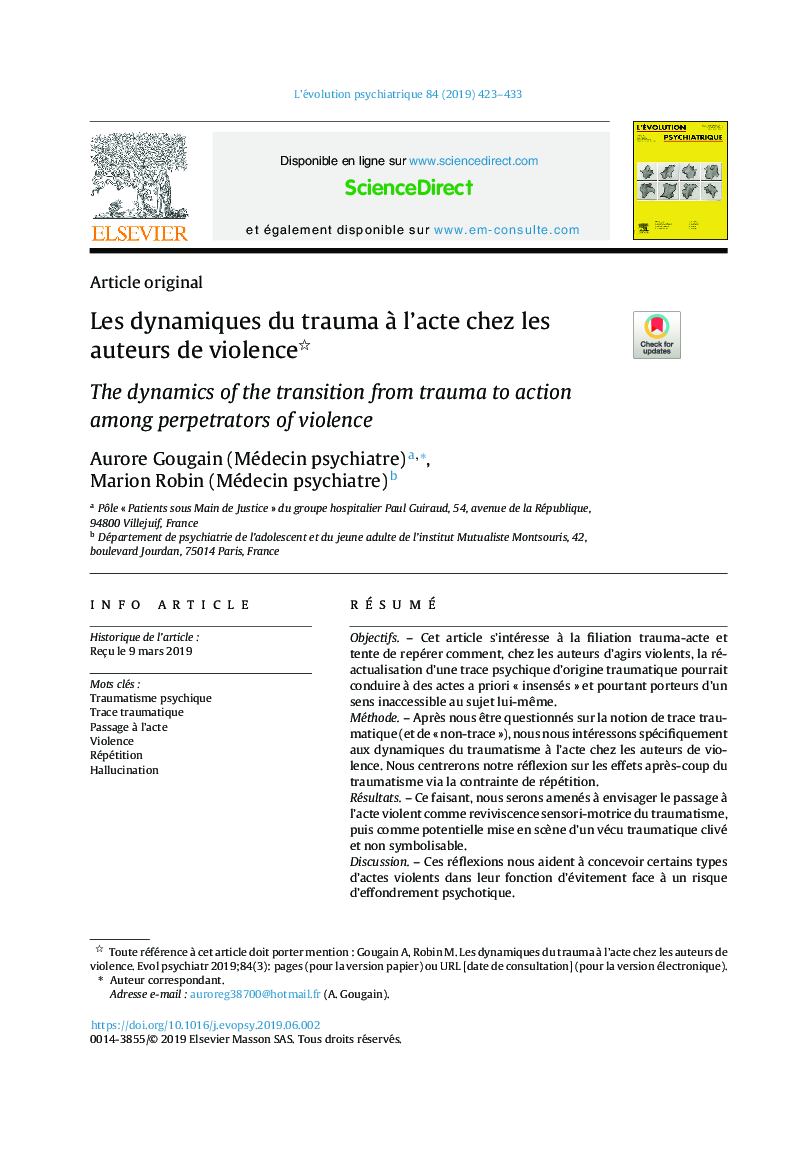 Les dynamiques du trauma Ã  l'acte chez les auteurs de violence