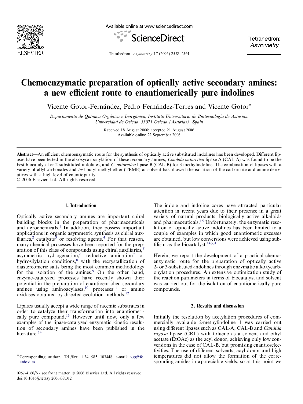 Chemoenzymatic preparation of optically active secondary amines: a new efficient route to enantiomerically pure indolines