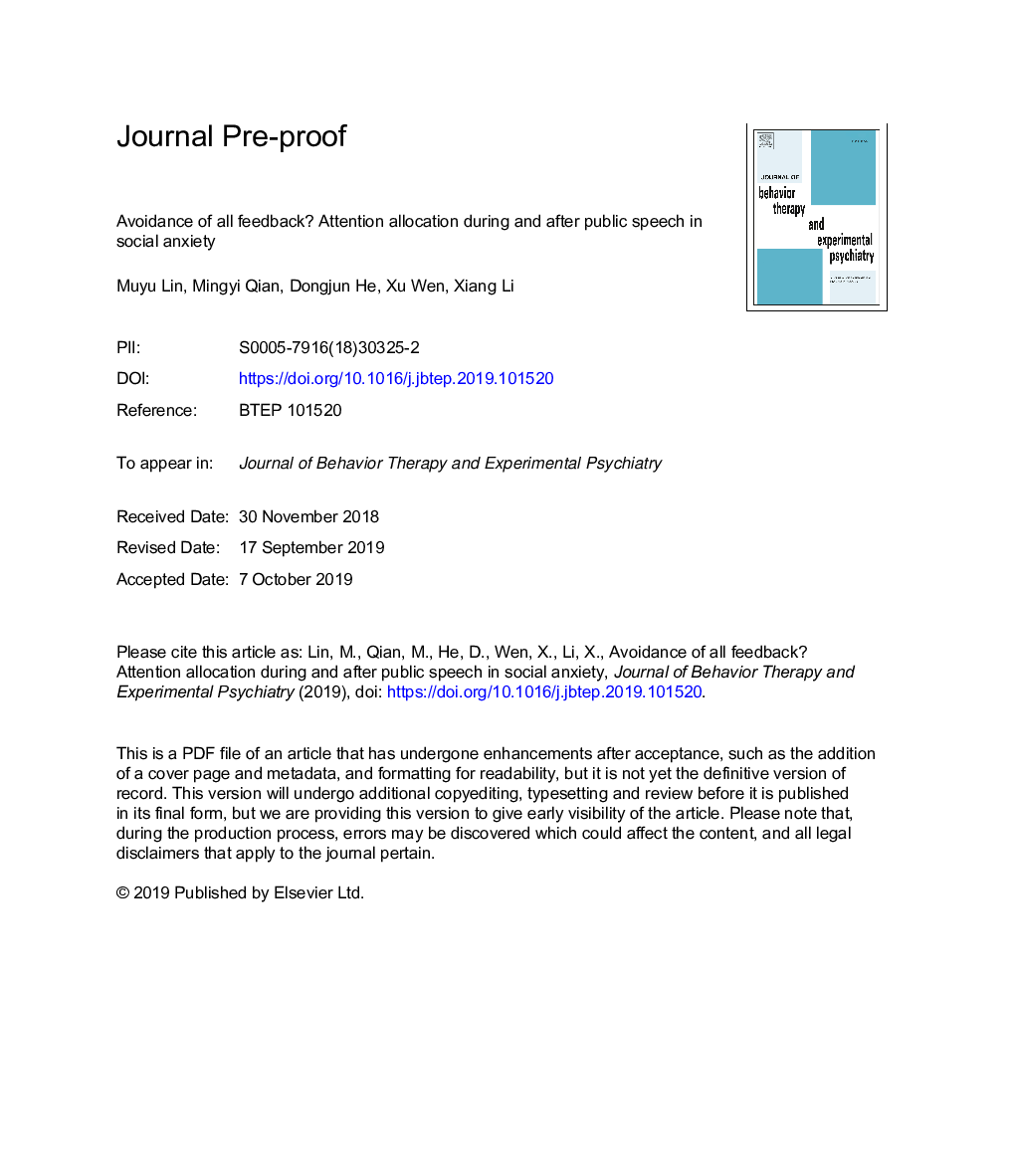 Avoidance of all feedback? Attention allocation during and after public speech in social anxiety