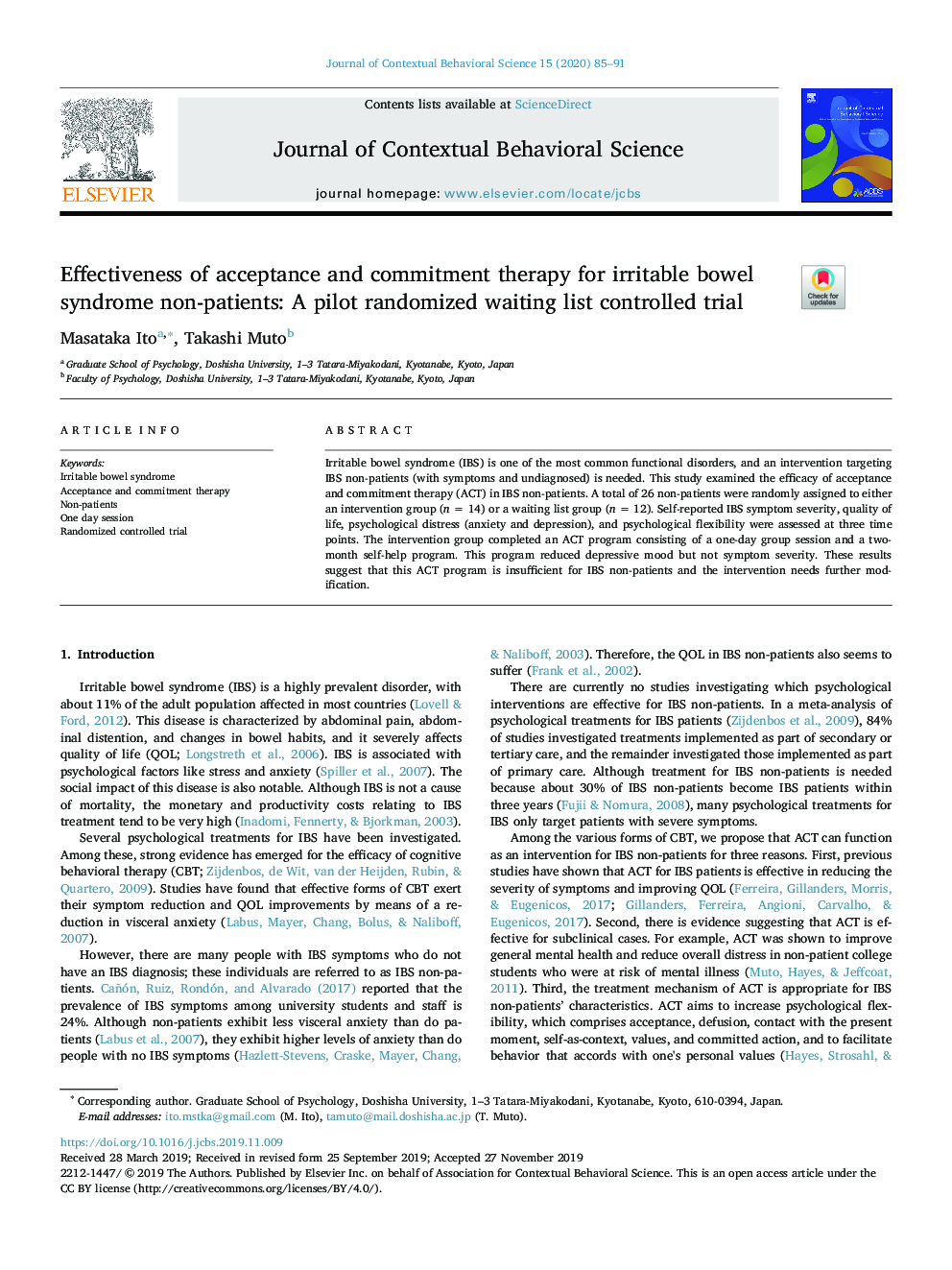 Effectiveness of acceptance and commitment therapy for irritable bowel syndrome non-patients: A pilot randomized waiting list controlled trial