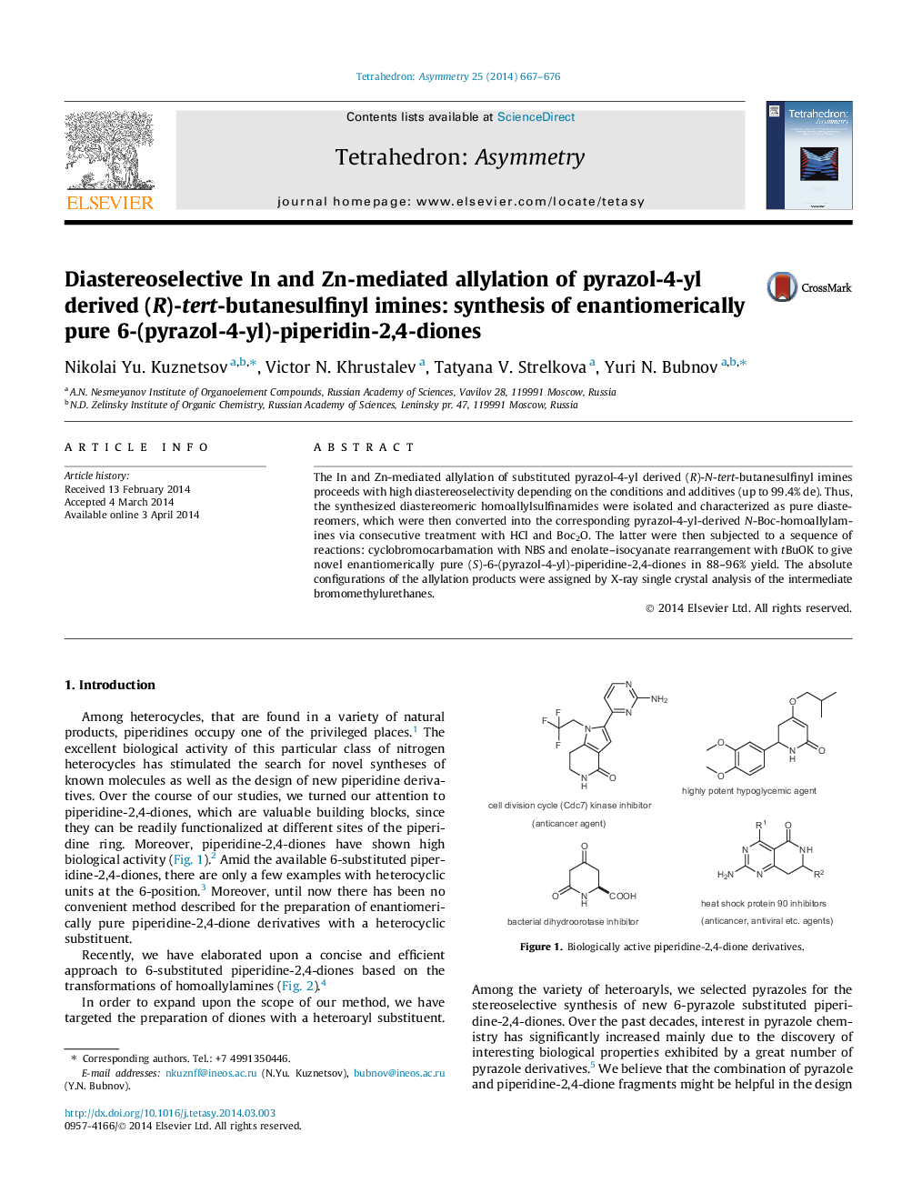 Diastereoselective In and Zn-mediated allylation of pyrazol-4-yl derived (R)-tert-butanesulfinyl imines: synthesis of enantiomerically pure 6-(pyrazol-4-yl)-piperidin-2,4-diones