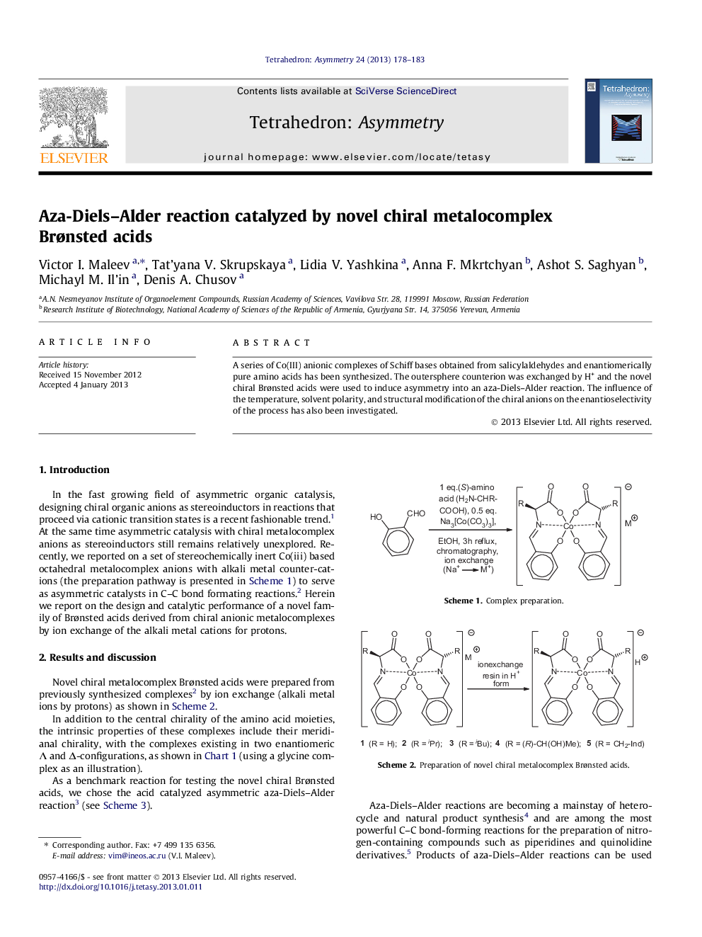 Aza-Diels–Alder reaction catalyzed by novel chiral metalocomplex Brønsted acids