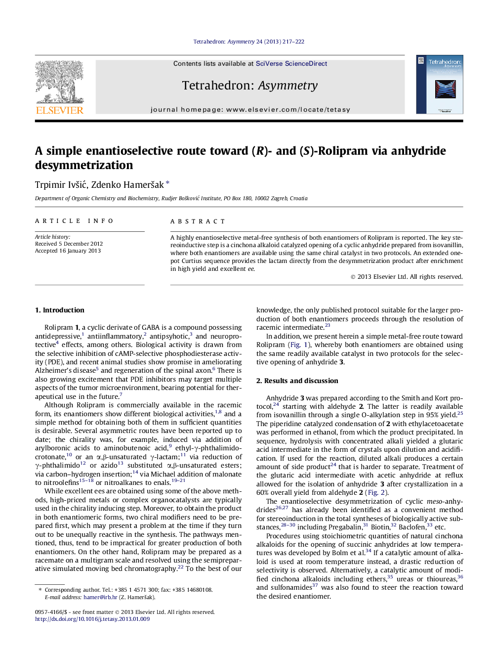 A simple enantioselective route toward (R)- and (S)-Rolipram via anhydride desymmetrization