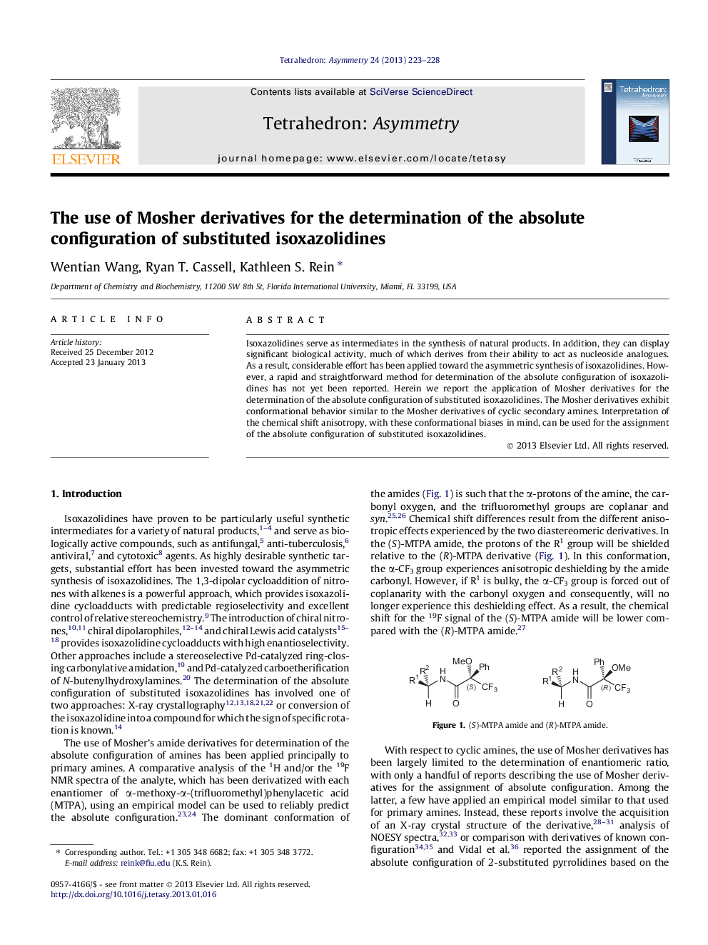 The use of Mosher derivatives for the determination of the absolute configuration of substituted isoxazolidines