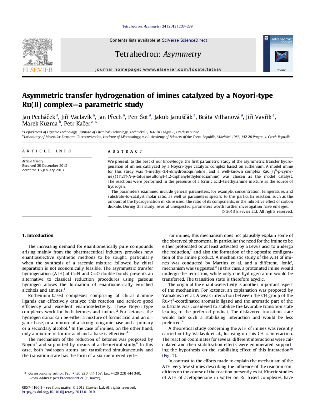Asymmetric transfer hydrogenation of imines catalyzed by a Noyori-type Ru(II) complex—a parametric study
