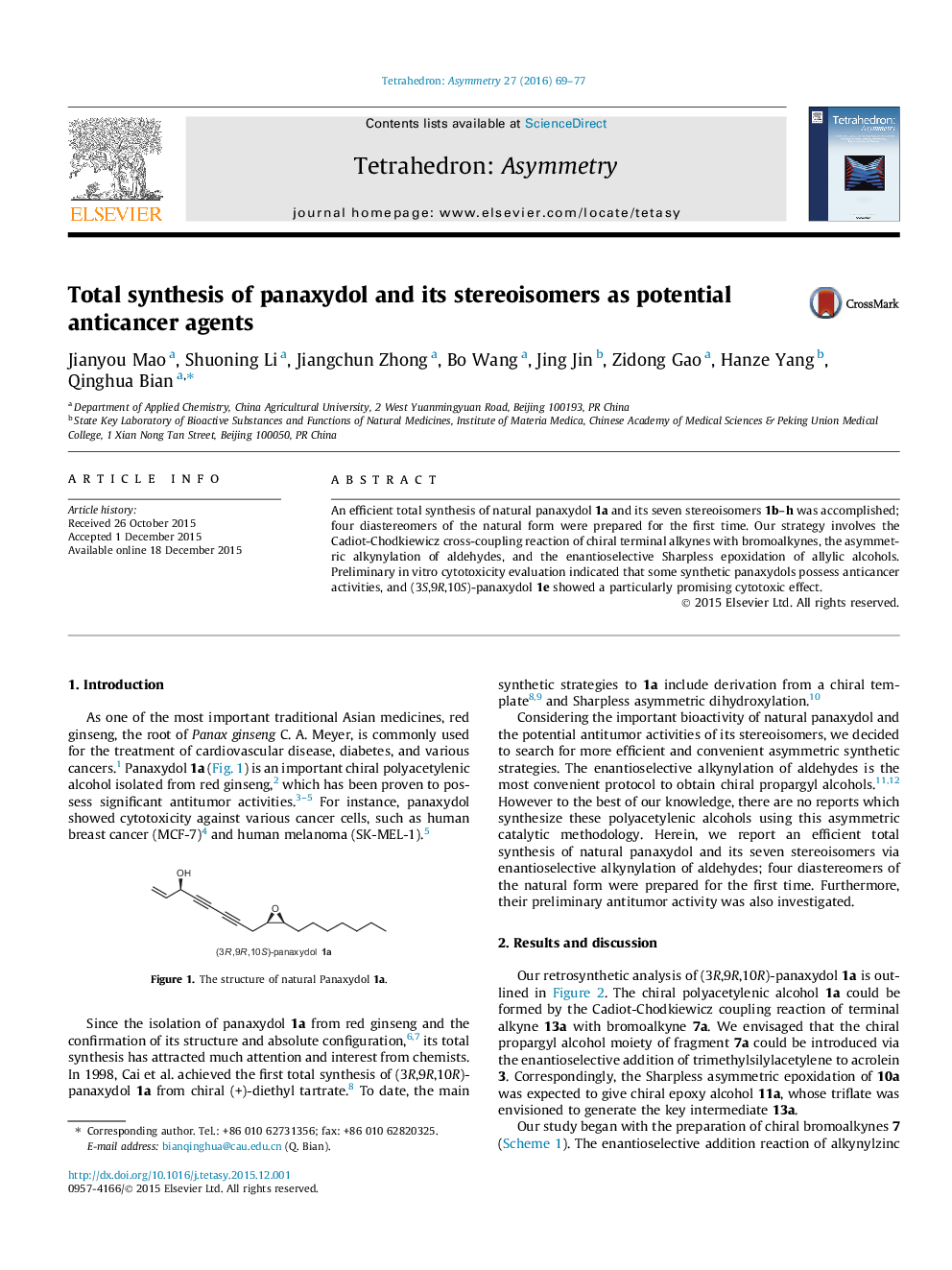 Total synthesis of panaxydol and its stereoisomers as potential anticancer agents