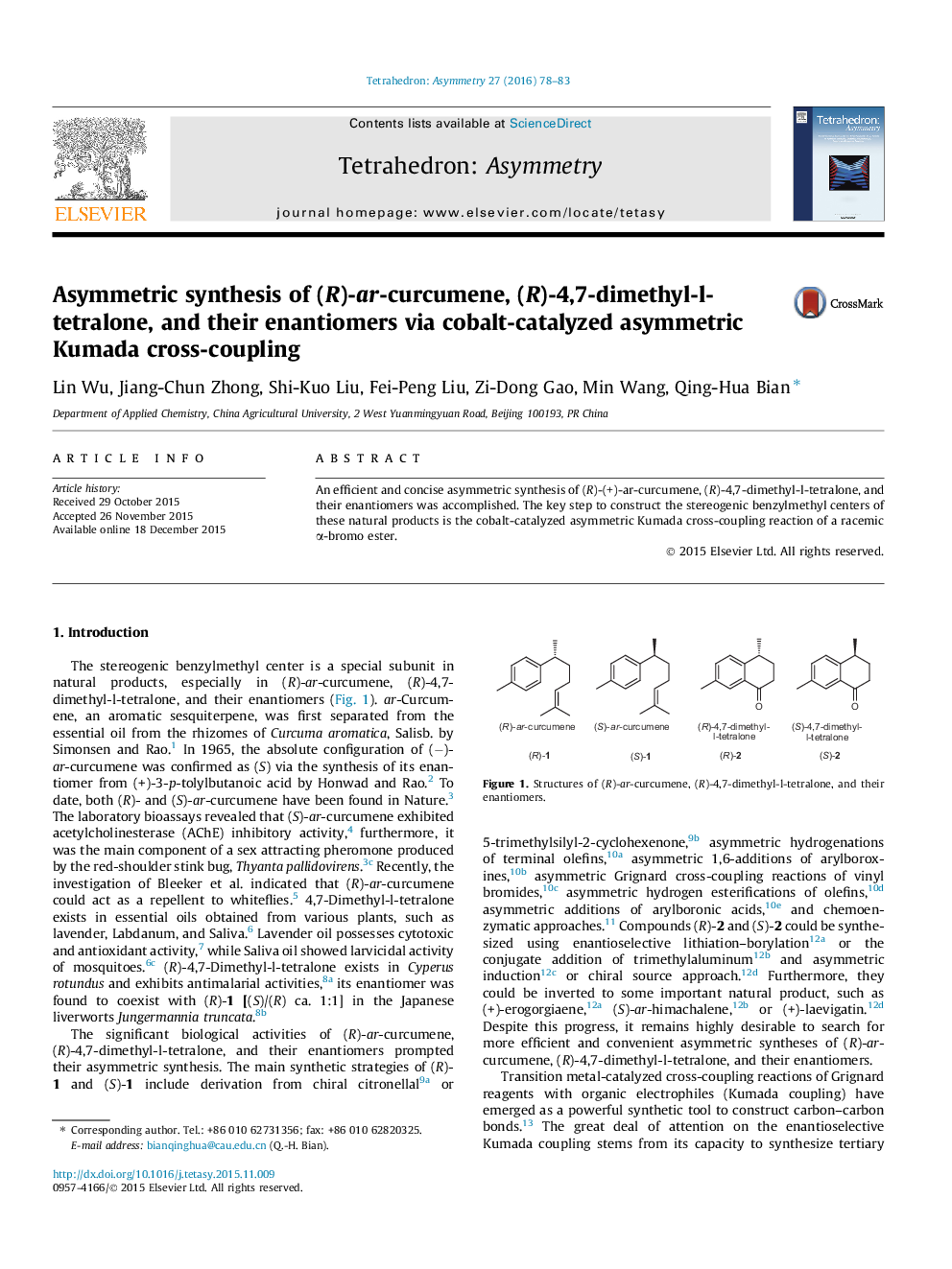Asymmetric synthesis of (R)-ar-curcumene, (R)-4,7-dimethyl-l-tetralone, and their enantiomers via cobalt-catalyzed asymmetric Kumada cross-coupling