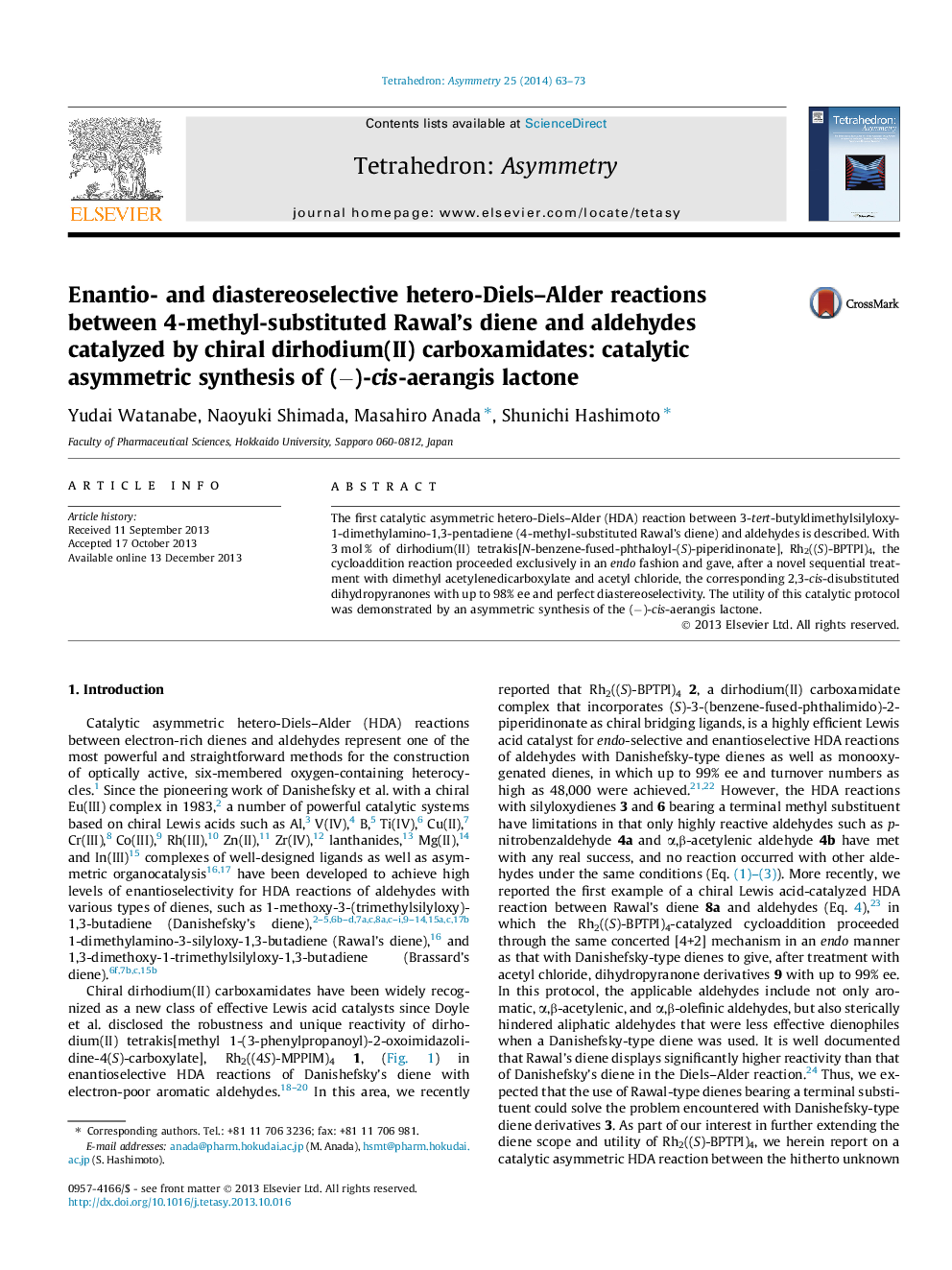 Enantio- and diastereoselective hetero-Diels–Alder reactions between 4-methyl-substituted Rawal’s diene and aldehydes catalyzed by chiral dirhodium(II) carboxamidates: catalytic asymmetric synthesis of (−)-cis-aerangis lactone