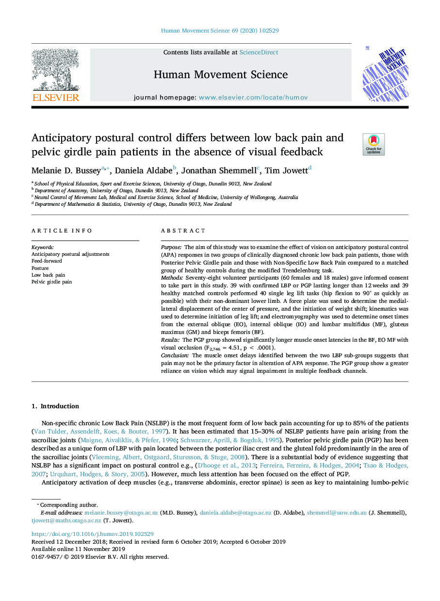 Anticipatory postural control differs between low back pain and pelvic girdle pain patients in the absence of visual feedback