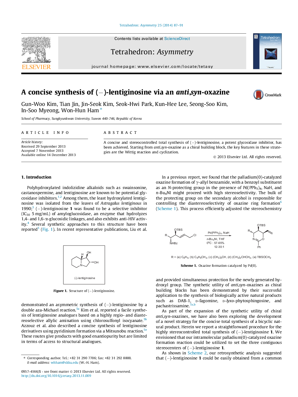 A concise synthesis of (−)-lentiginosine via an anti,syn-oxazine