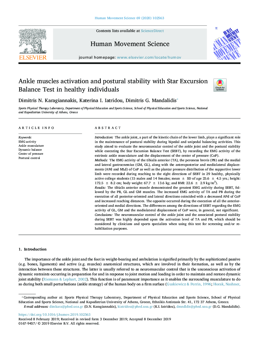 Ankle muscles activation and postural stability with Star Excursion Balance Test in healthy individuals