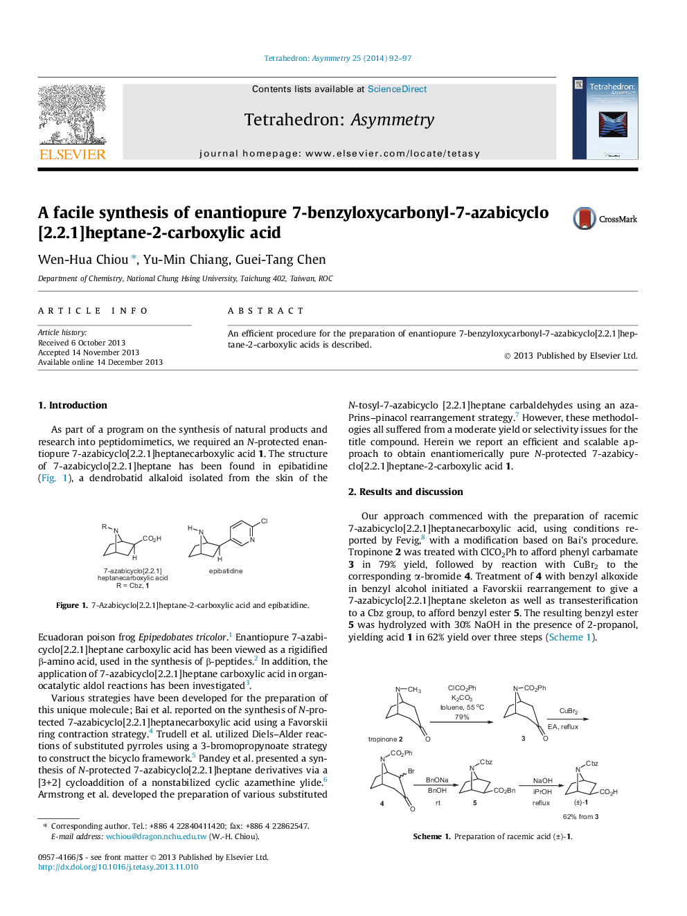A facile synthesis of enantiopure 7-benzyloxycarbonyl-7-azabicyclo[2.2.1]heptane-2-carboxylic acid
