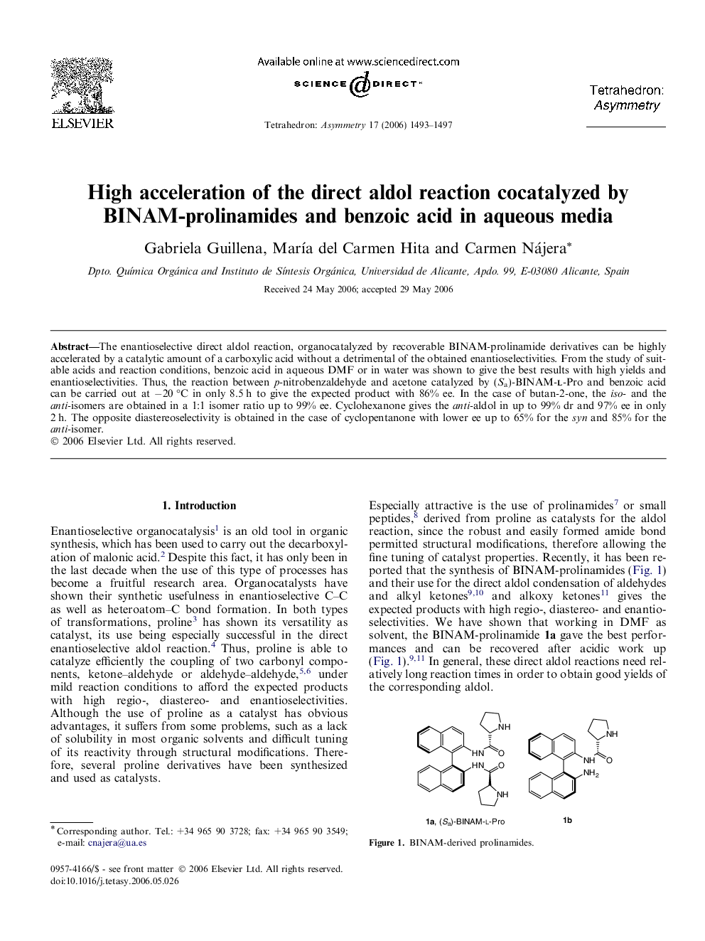 High acceleration of the direct aldol reaction cocatalyzed by BINAM-prolinamides and benzoic acid in aqueous media