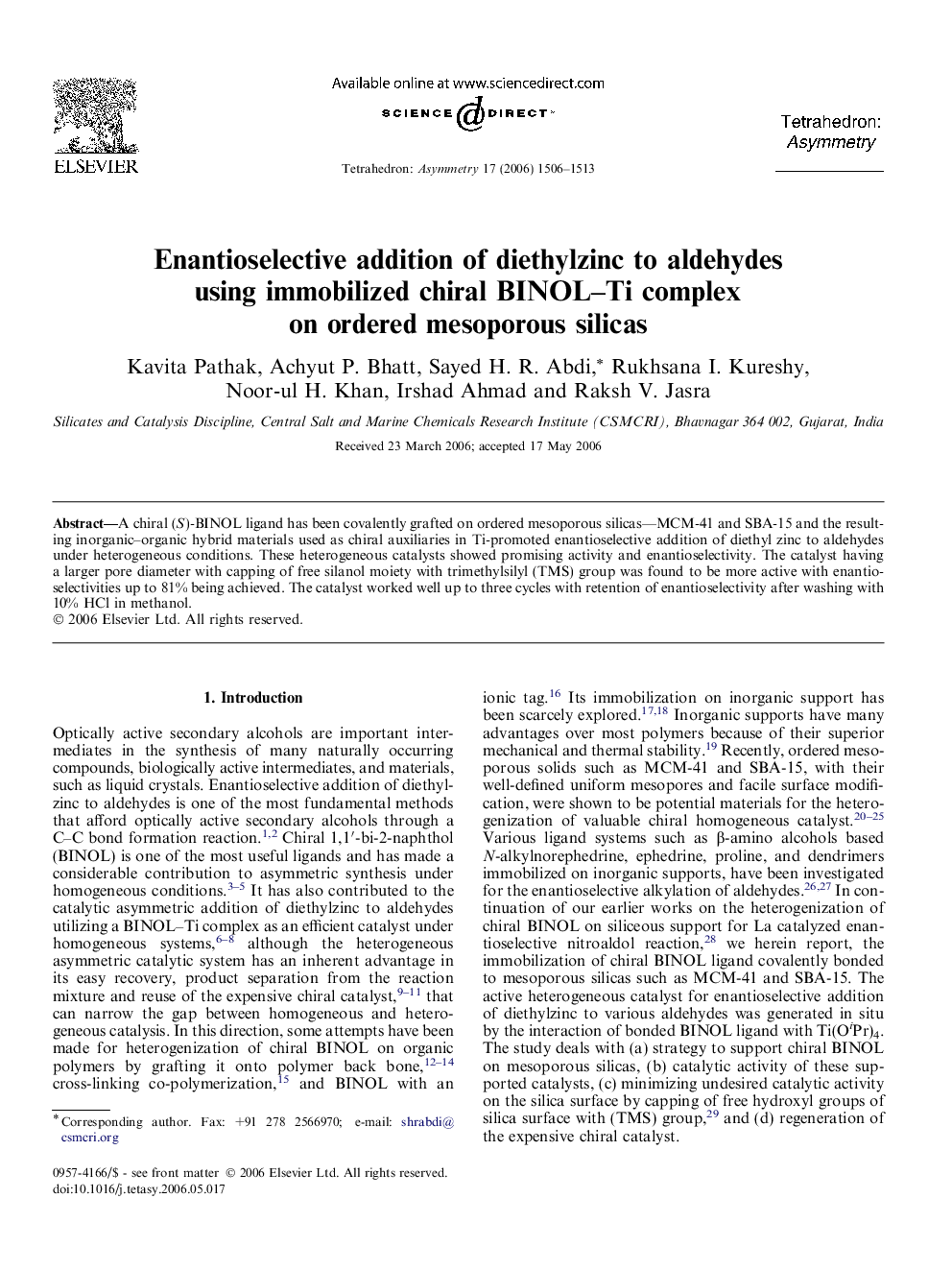 Enantioselective addition of diethylzinc to aldehydes using immobilized chiral BINOL–Ti complex on ordered mesoporous silicas