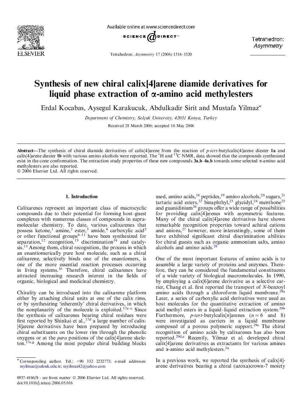Synthesis of new chiral calix[4]arene diamide derivatives for liquid phase extraction of α-amino acid methylesters