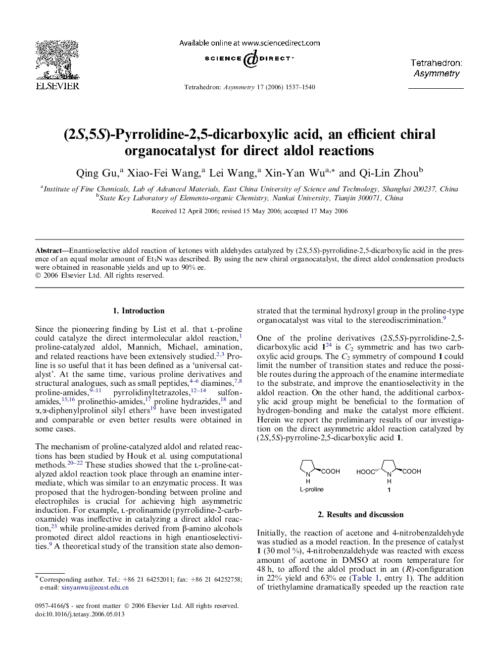 (2S,5S)-Pyrrolidine-2,5-dicarboxylic acid, an efficient chiral organocatalyst for direct aldol reactions