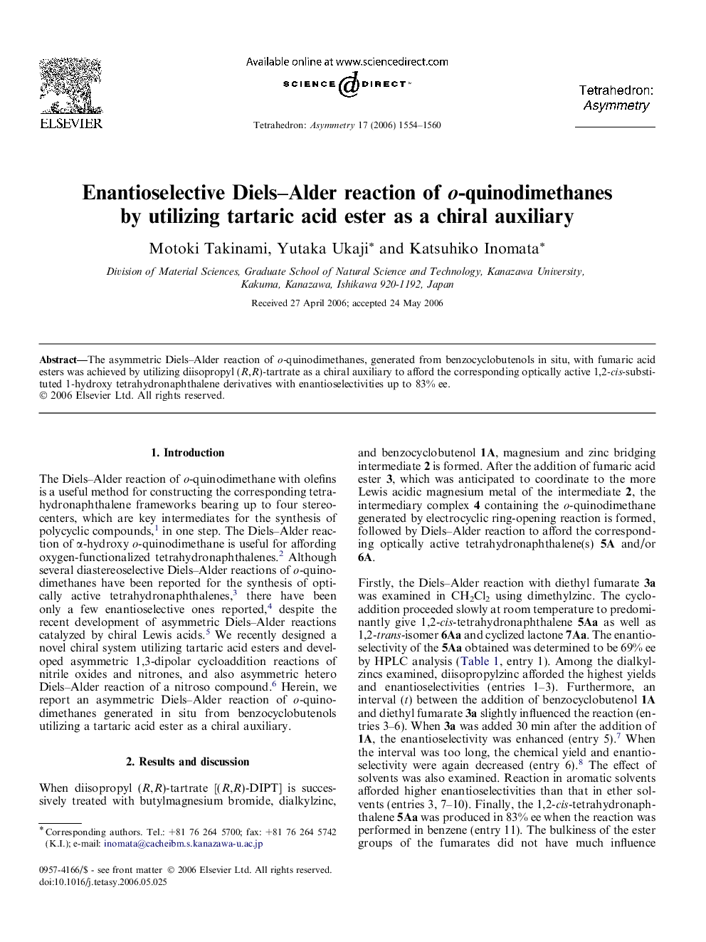 عکس صفحه اول مقاله: Enantioselective Diels–Alder reaction of o-quinodimethanes by utilizing tartaric acid ester as a chiral auxiliary Enantioselective Diels–Alder reaction of o-quinodimethanes by utilizing tartaric acid ester as a chiral auxiliary