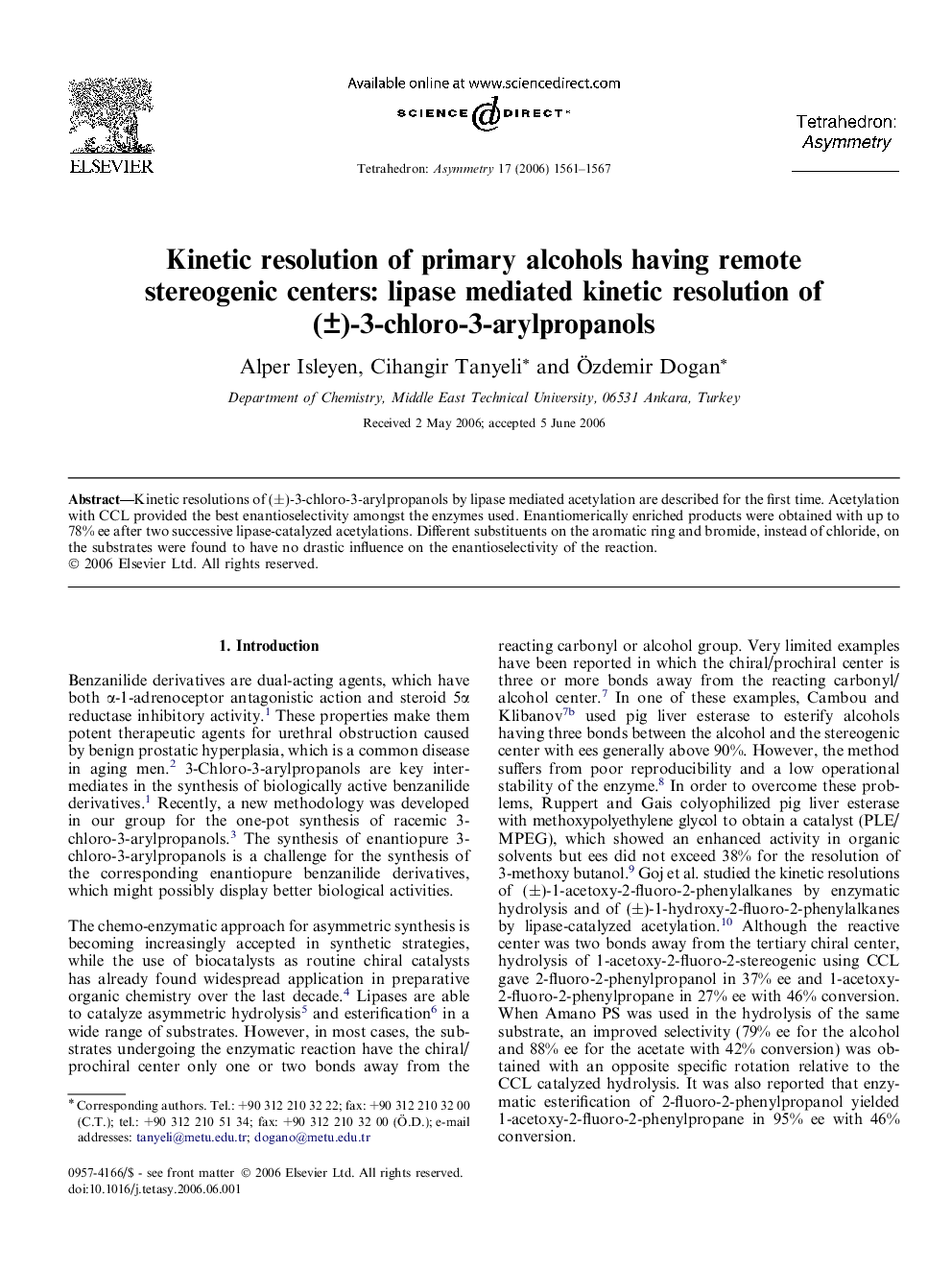 Kinetic resolution of primary alcohols having remote stereogenic centers: lipase mediated kinetic resolution of (±)-3-chloro-3-arylpropanols