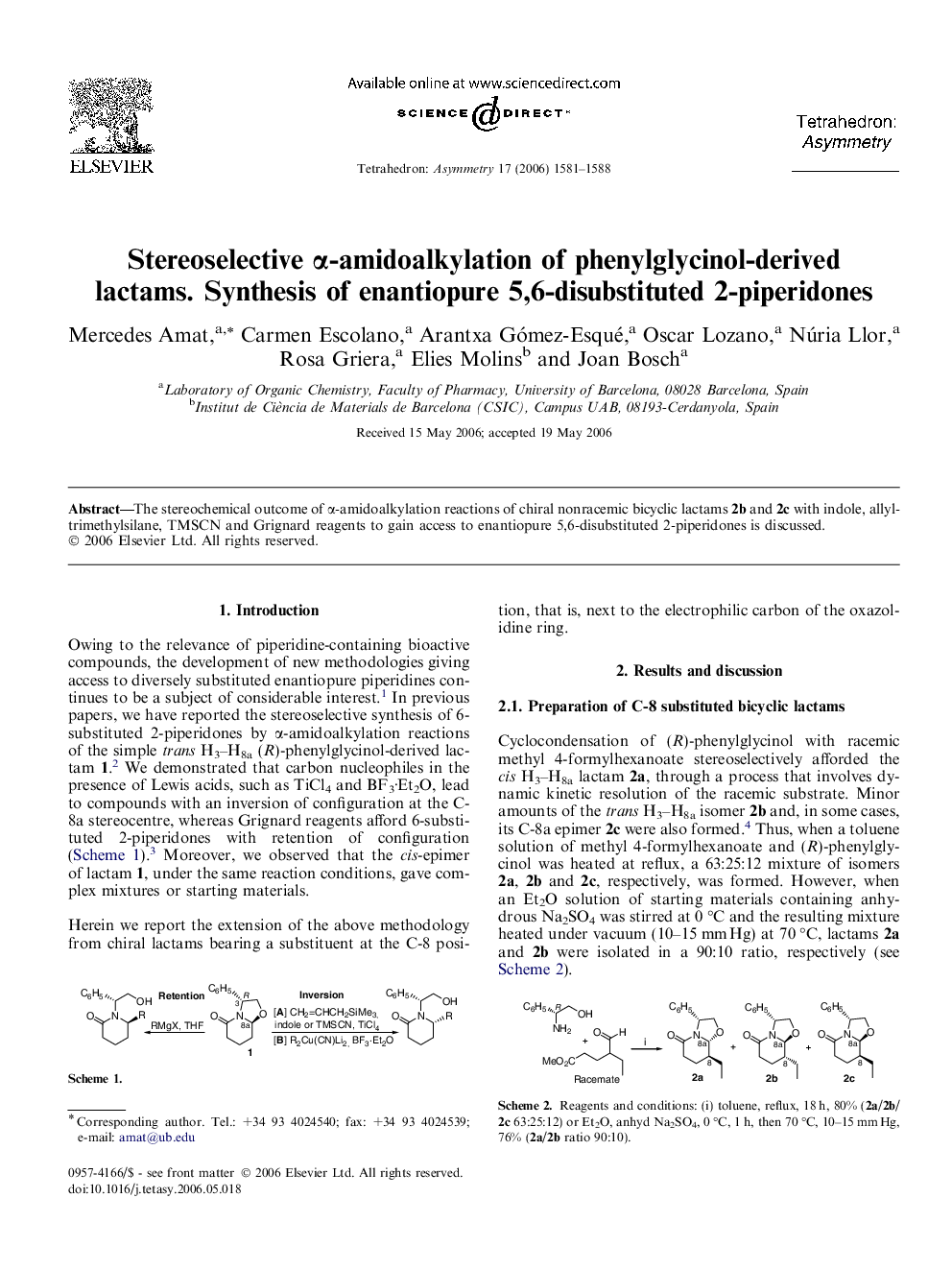 Stereoselective α-amidoalkylation of phenylglycinol-derived lactams. Synthesis of enantiopure 5,6-disubstituted 2-piperidones
