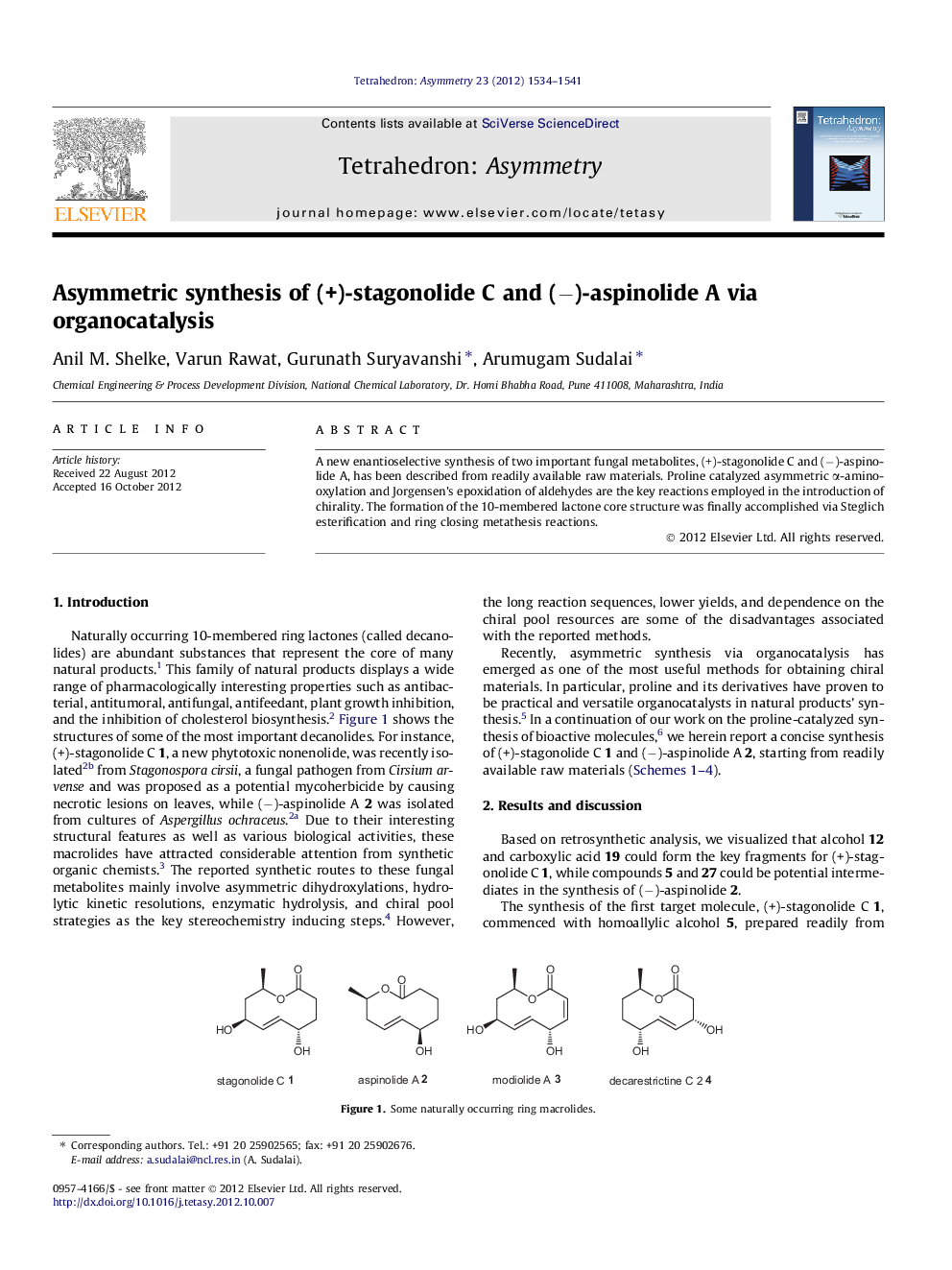 عکس صفحه اول مقاله: Asymmetric synthesis of (+)-stagonolide C and (−)-aspinolide A via organocatalysis Asymmetric synthesis of (+)-stagonolide C and (−)-aspinolide A via organocatalysis