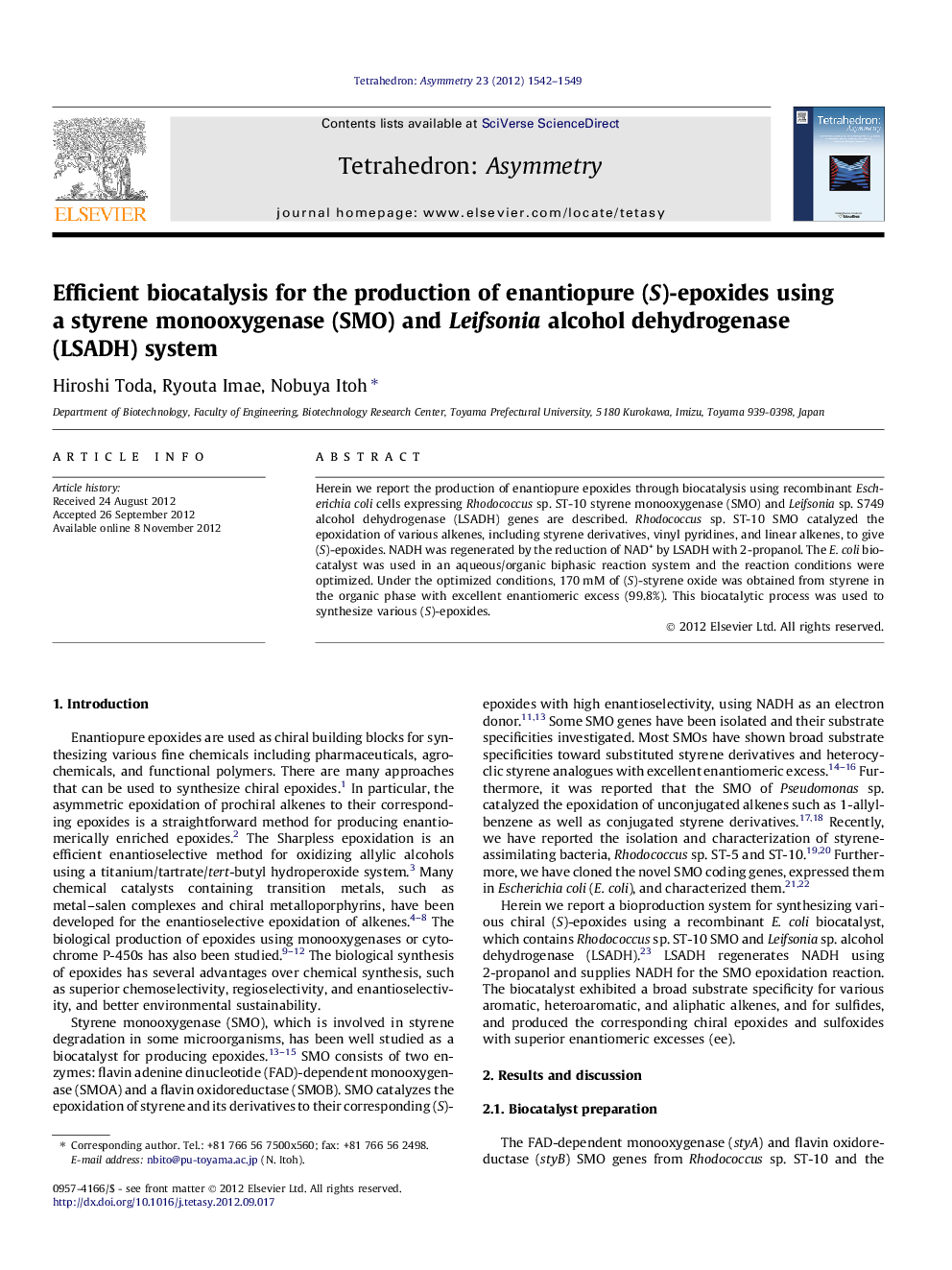 Efficient biocatalysis for the production of enantiopure (S)-epoxides using a styrene monooxygenase (SMO) and Leifsonia alcohol dehydrogenase (LSADH) system