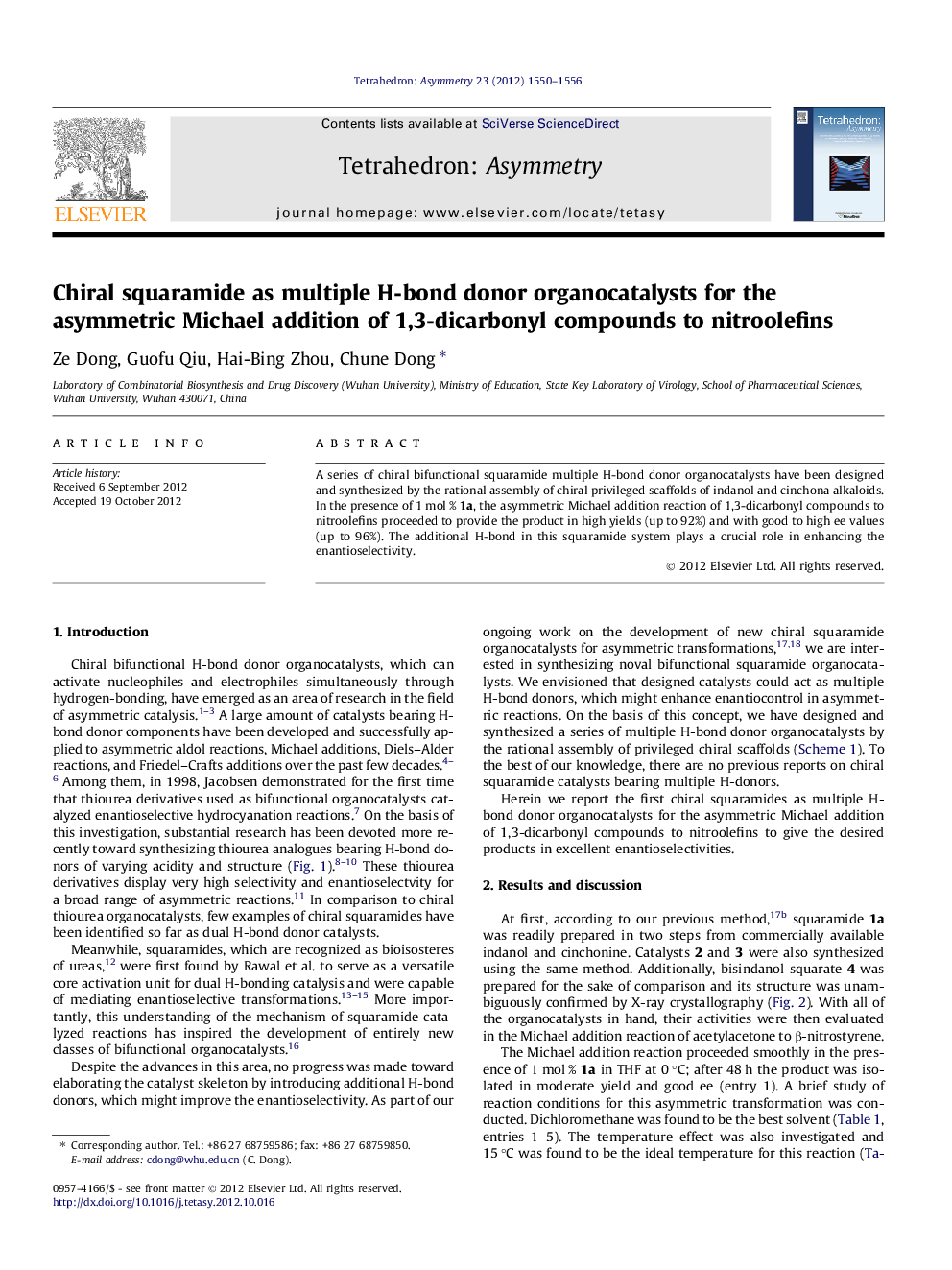 Chiral squaramide as multiple H-bond donor organocatalysts for the asymmetric Michael addition of 1,3-dicarbonyl compounds to nitroolefins