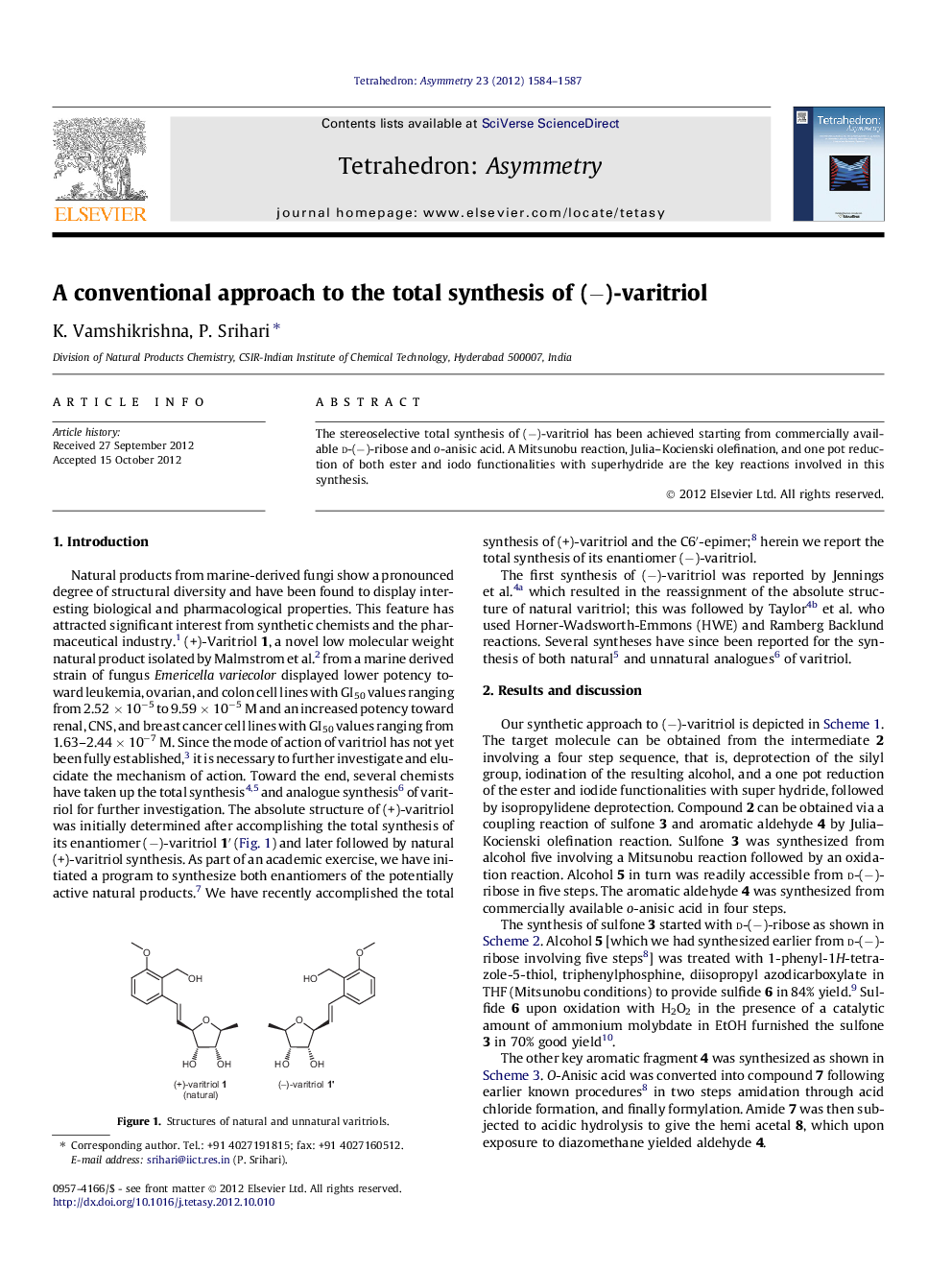 عکس صفحه اول مقاله: A conventional approach to the total synthesis of (â)-varitriol A conventional approach to the total synthesis of (â)-varitriol