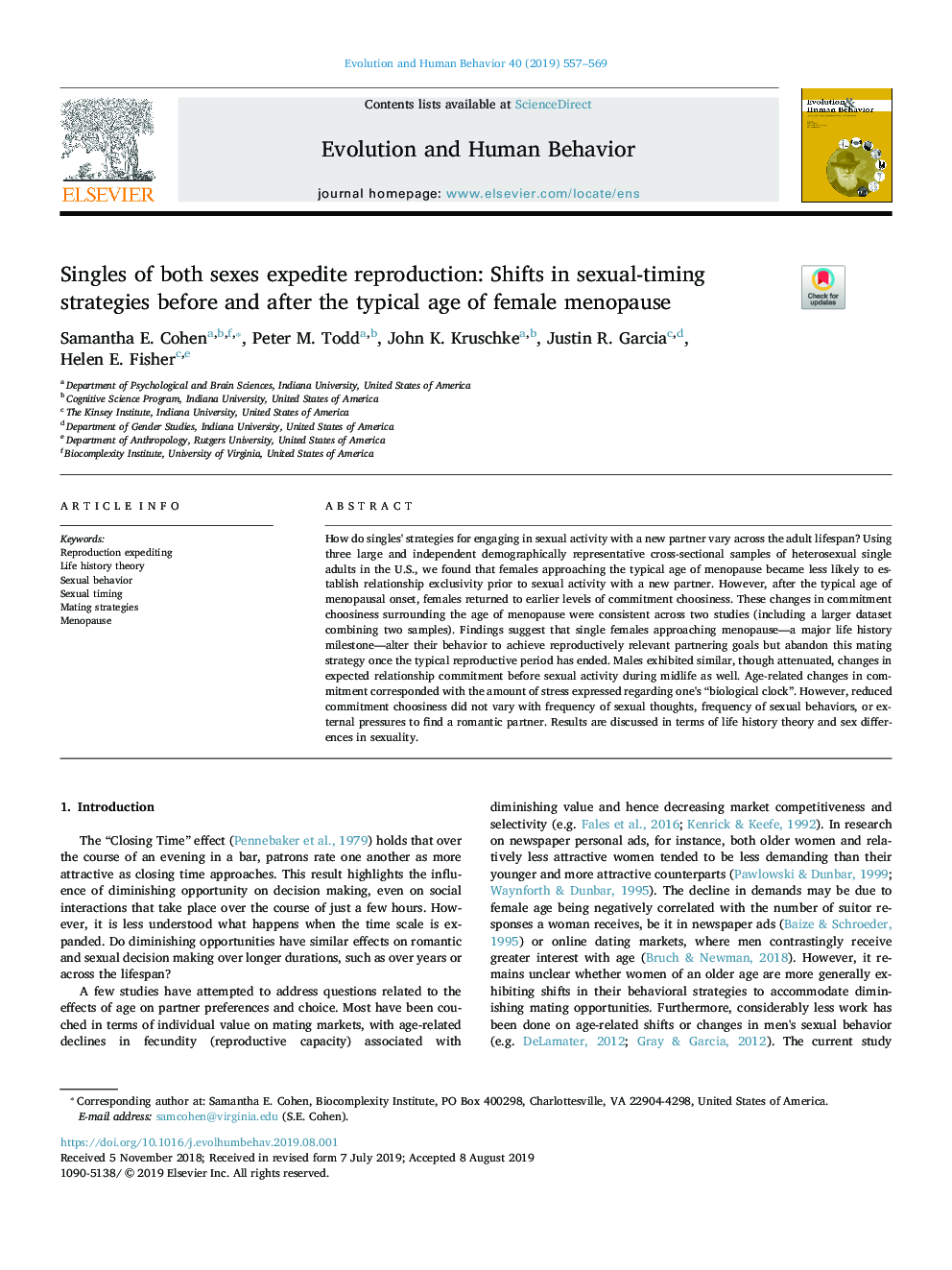 Singles of both sexes expedite reproduction: Shifts in sexual-timing strategies before and after the typical age of female menopause