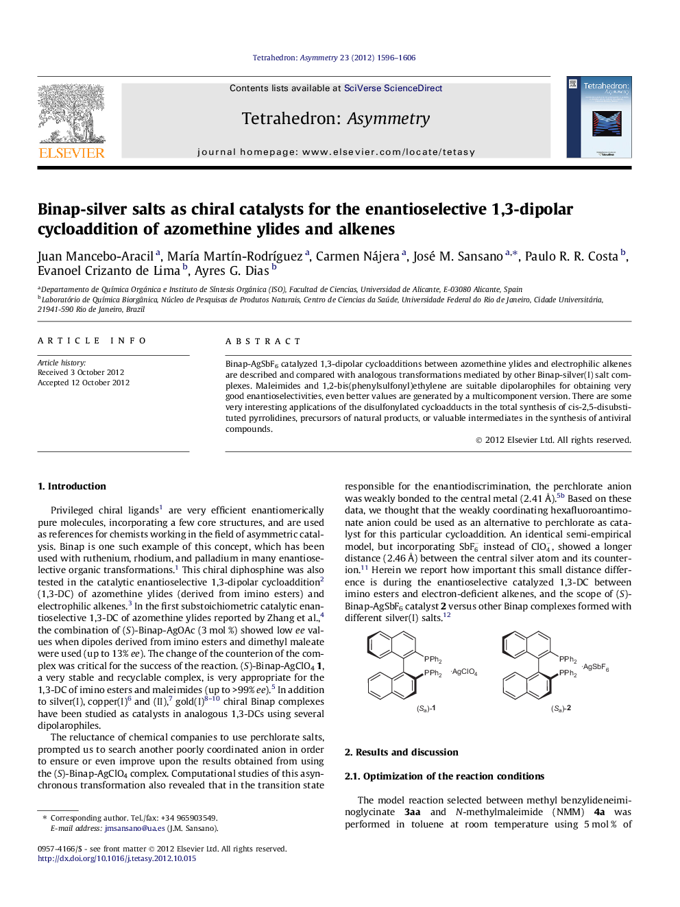 Binap-silver salts as chiral catalysts for the enantioselective 1,3-dipolar cycloaddition of azomethine ylides and alkenes