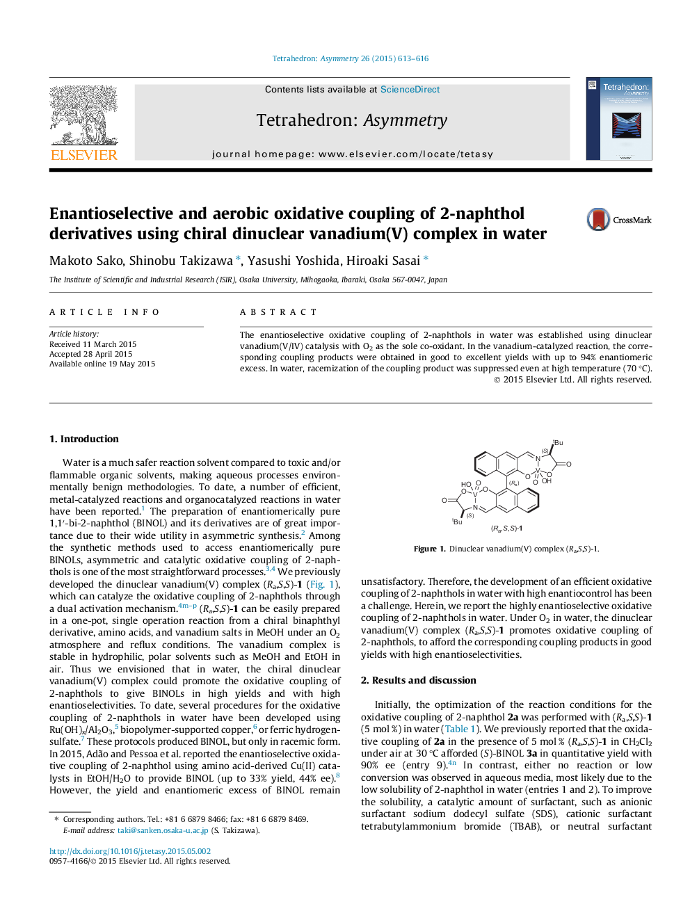 Enantioselective and aerobic oxidative coupling of 2-naphthol derivatives using chiral dinuclear vanadium(V) complex in water