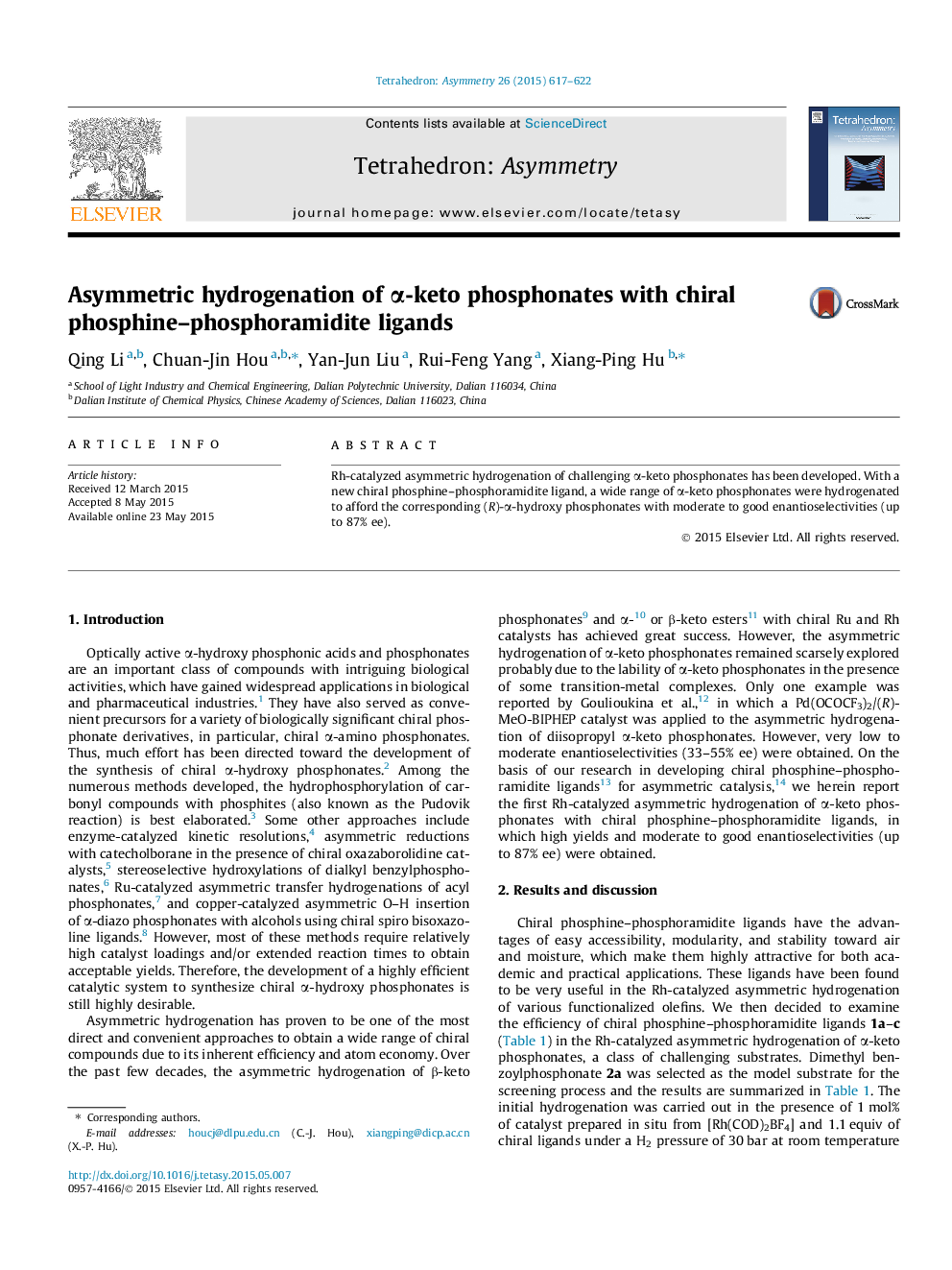 Asymmetric hydrogenation of α-keto phosphonates with chiral phosphine–phosphoramidite ligands
