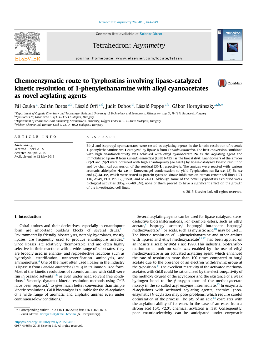 Chemoenzymatic route to Tyrphostins involving lipase-catalyzed kinetic resolution of 1-phenylethanamine with alkyl cyanoacetates as novel acylating agents