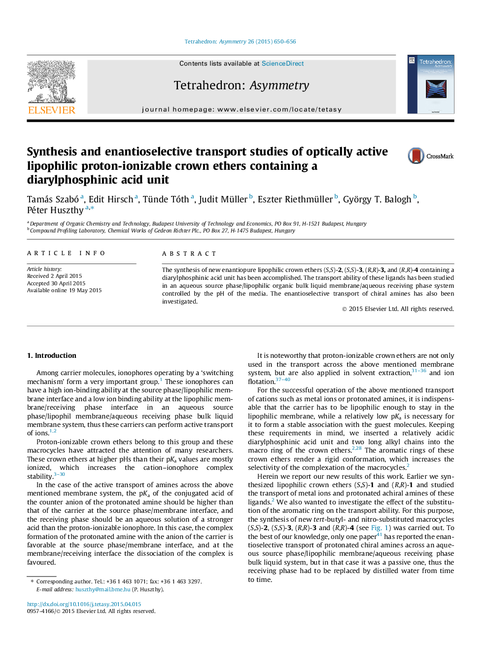 Synthesis and enantioselective transport studies of optically active lipophilic proton-ionizable crown ethers containing a diarylphosphinic acid unit