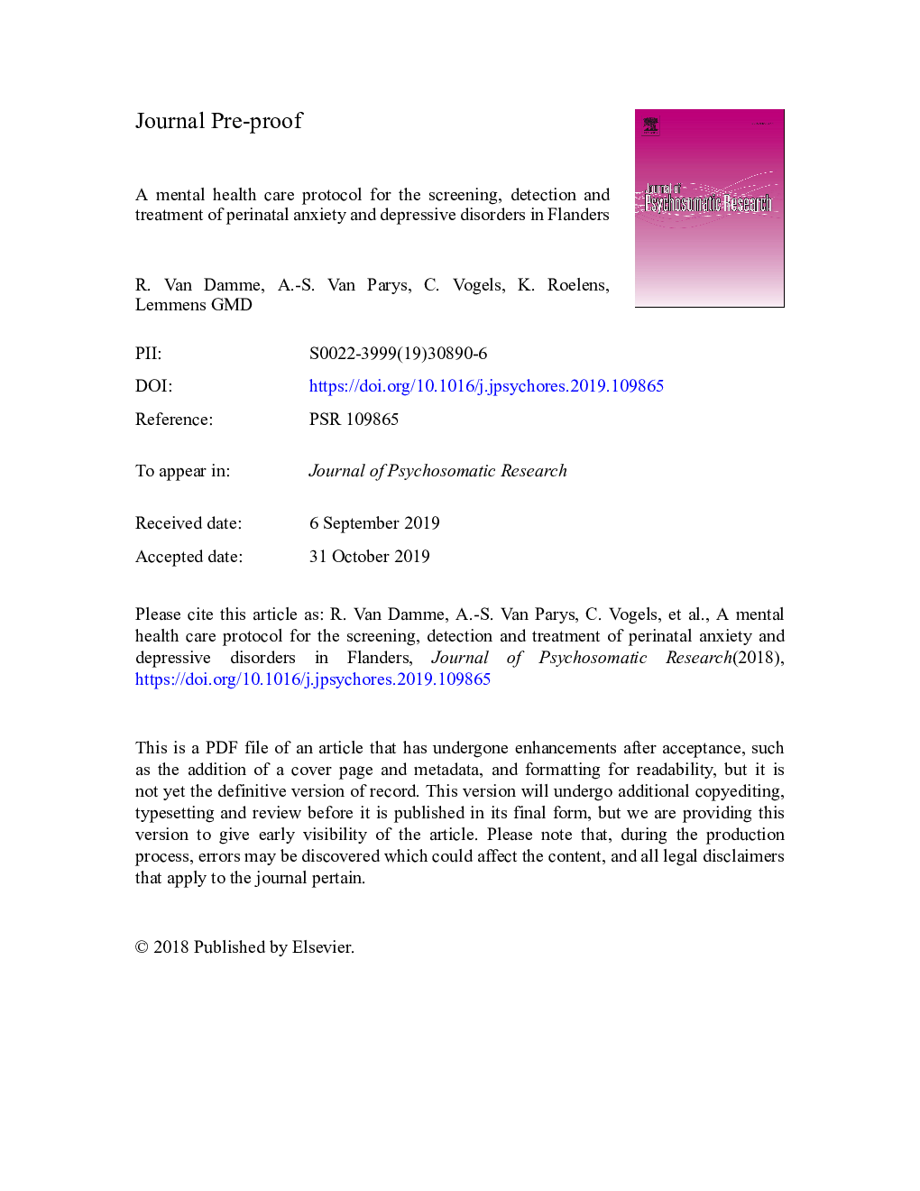 A mental health care protocol for the screening, detection and treatment of perinatal anxiety and depressive disorders in Flanders