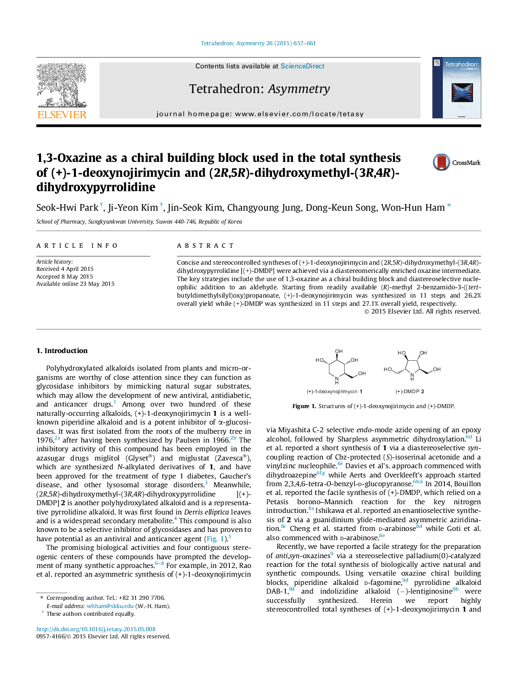 1,3-Oxazine as a chiral building block used in the total synthesis of (+)-1-deoxynojirimycin and (2R,5R)-dihydroxymethyl-(3R,4R)-dihydroxypyrrolidine