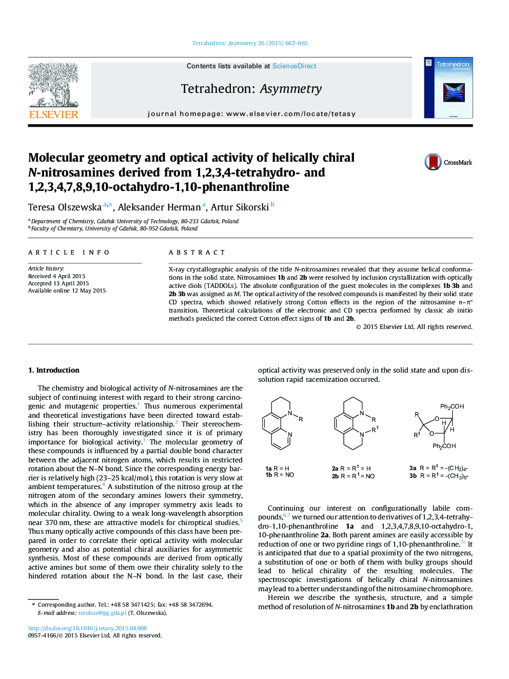 Molecular geometry and optical activity of helically chiral N-nitrosamines derived from 1,2,3,4-tetrahydro- and 1,2,3,4,7,8,9,10-octahydro-1,10-phenanthroline