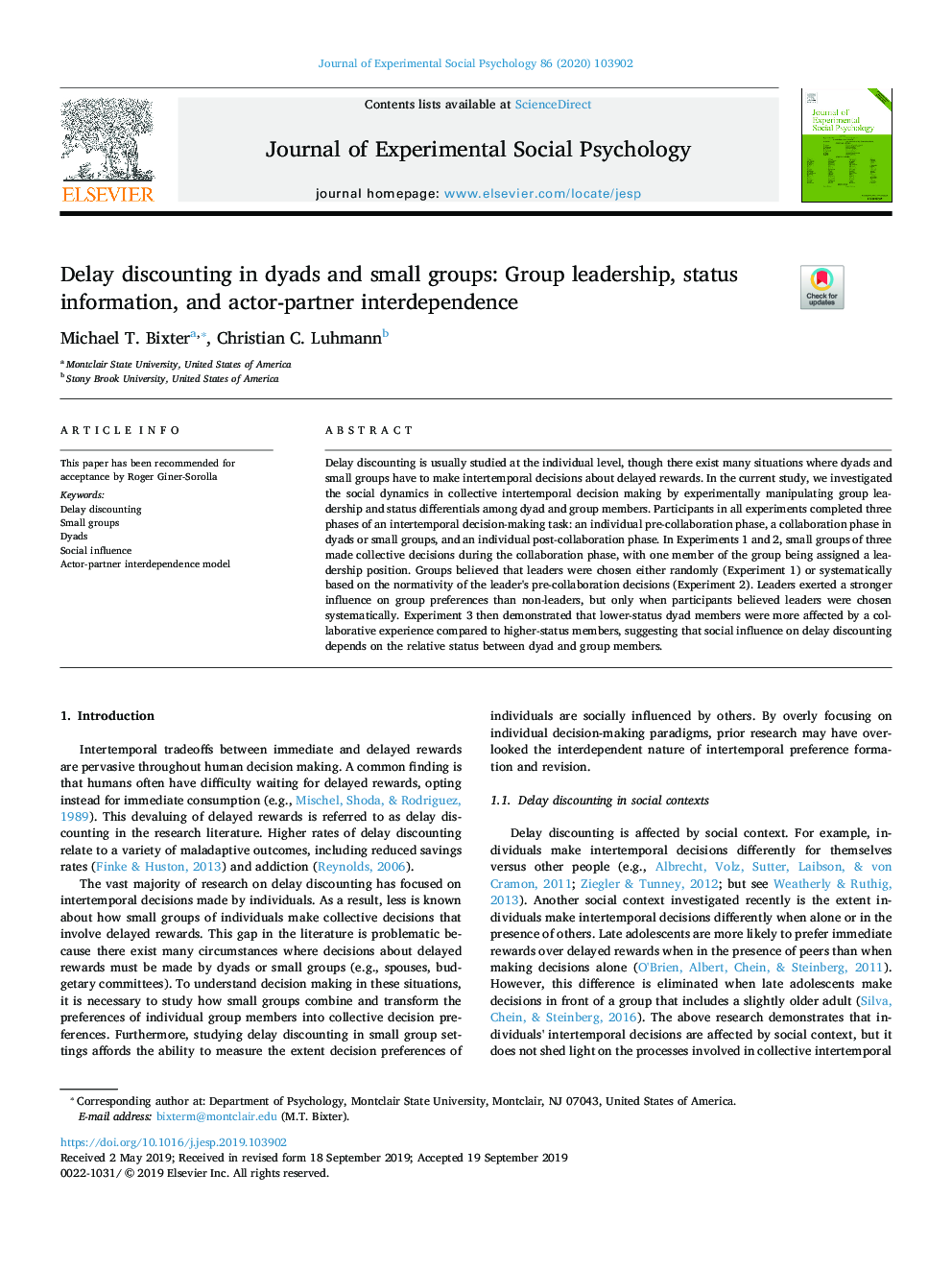Delay discounting in dyads and small groups: Group leadership, status information, and actor-partner interdependence