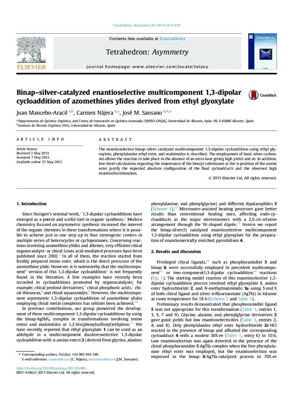 عکس صفحه اول مقاله: Binap–silver-catalyzed enantioselective multicomponent 1,3-dipolar cycloaddition of azomethines ylides derived from ethyl glyoxylate Binap–silver-catalyzed enantioselective multicomponent 1,3-dipolar cycloaddition of azomethines ylides derived from ethyl glyoxylate
