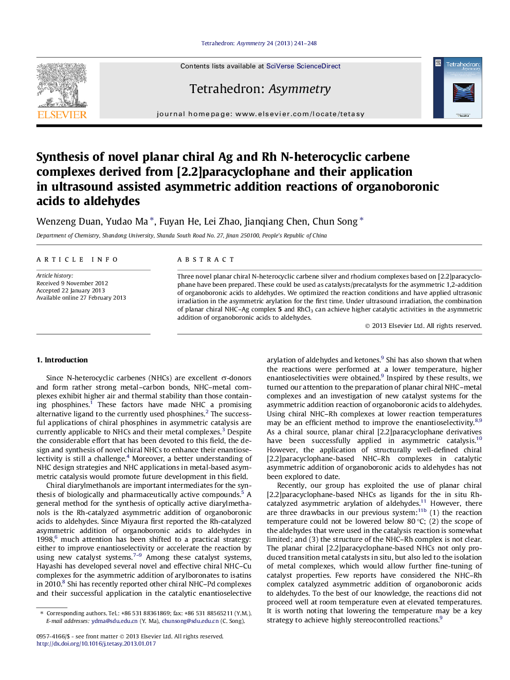 Synthesis of novel planar chiral Ag and Rh N-heterocyclic carbene complexes derived from [2.2]paracyclophane and their application in ultrasound assisted asymmetric addition reactions of organoboronic acids to aldehydes