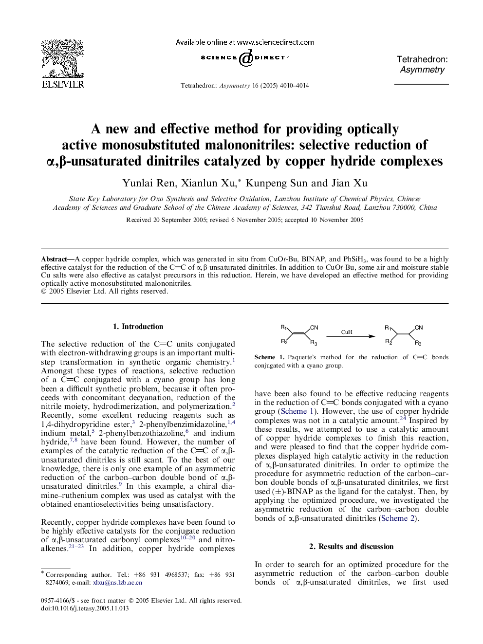 A new and effective method for providing optically active monosubstituted malononitriles: selective reduction of α,β-unsaturated dinitriles catalyzed by copper hydride complexes